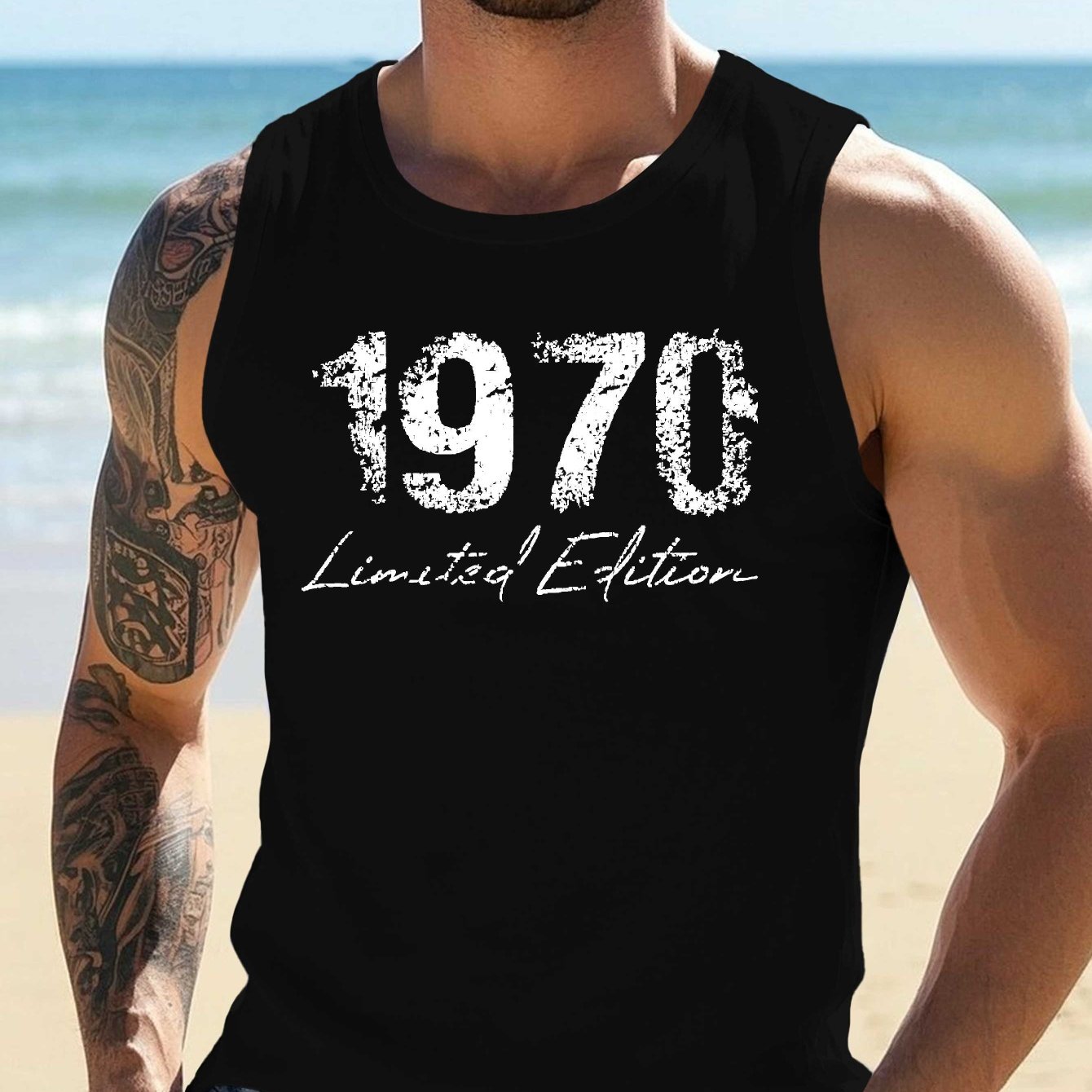 TEMU 1970 Edition Men's Vintage 70s Retro Vest - Olive 70 Number Print, Lightweight Summer Sleeveless Top, Casual Round Neck, Machine Washable, 70th