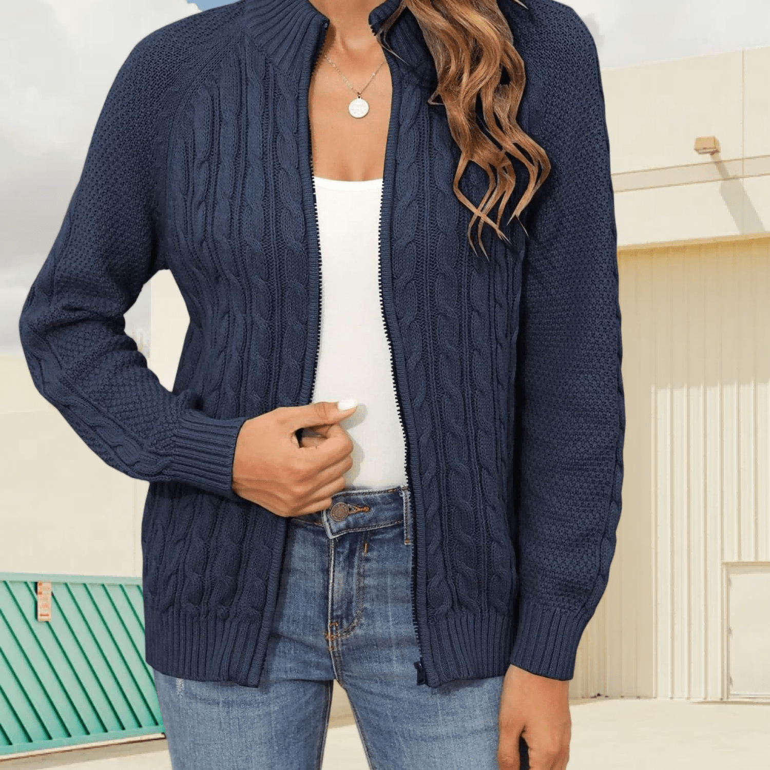 Women's Cable Long Sleeve Zip Up Cardigan Casual Winter Coat Fall Spring