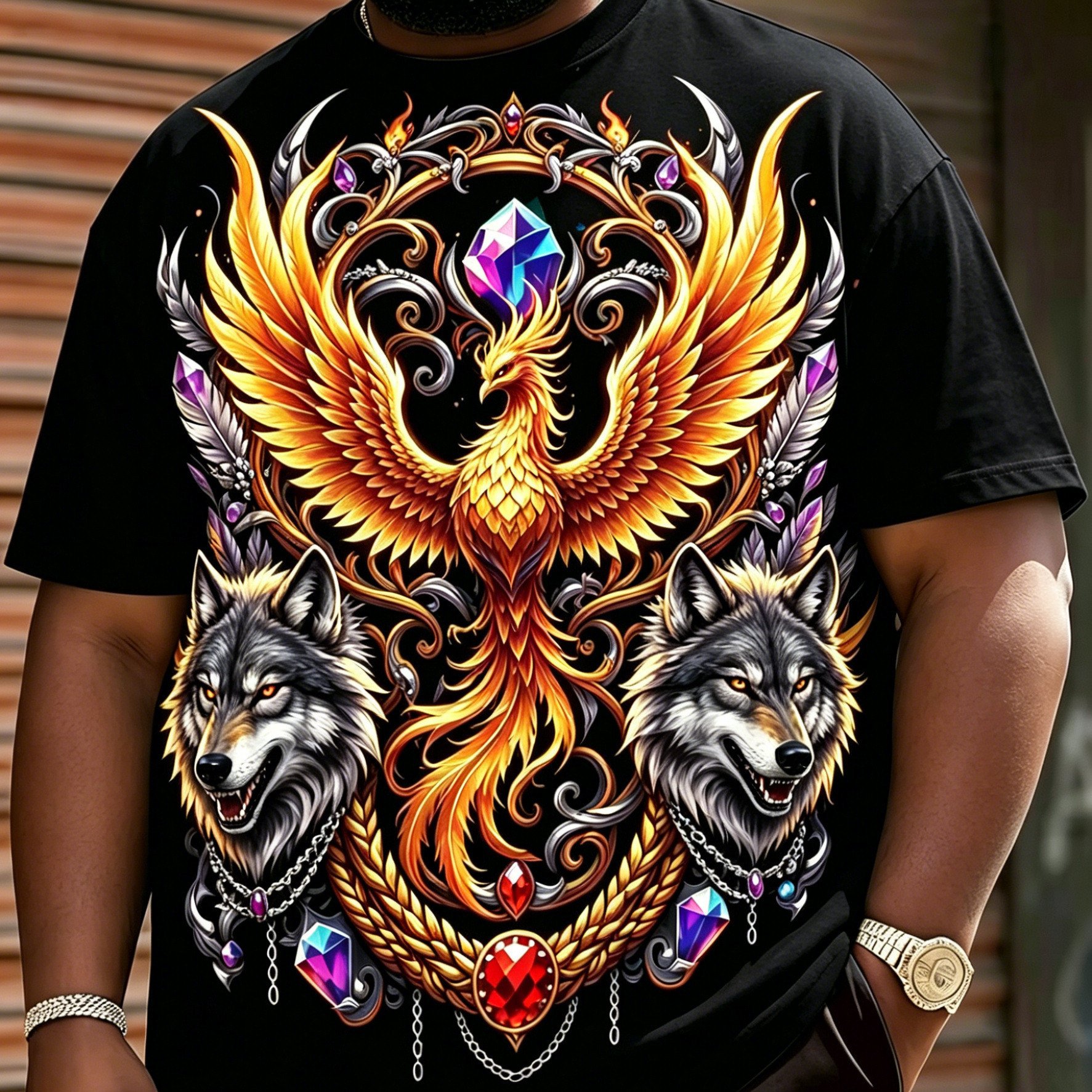 TEMU [print Design - Not Texture] Gorgeous Phoenix And Twin Wolves Gemstone Print Men's Short Sleeve T-shirt, Loose Fit Round Neck Casual Summer Top