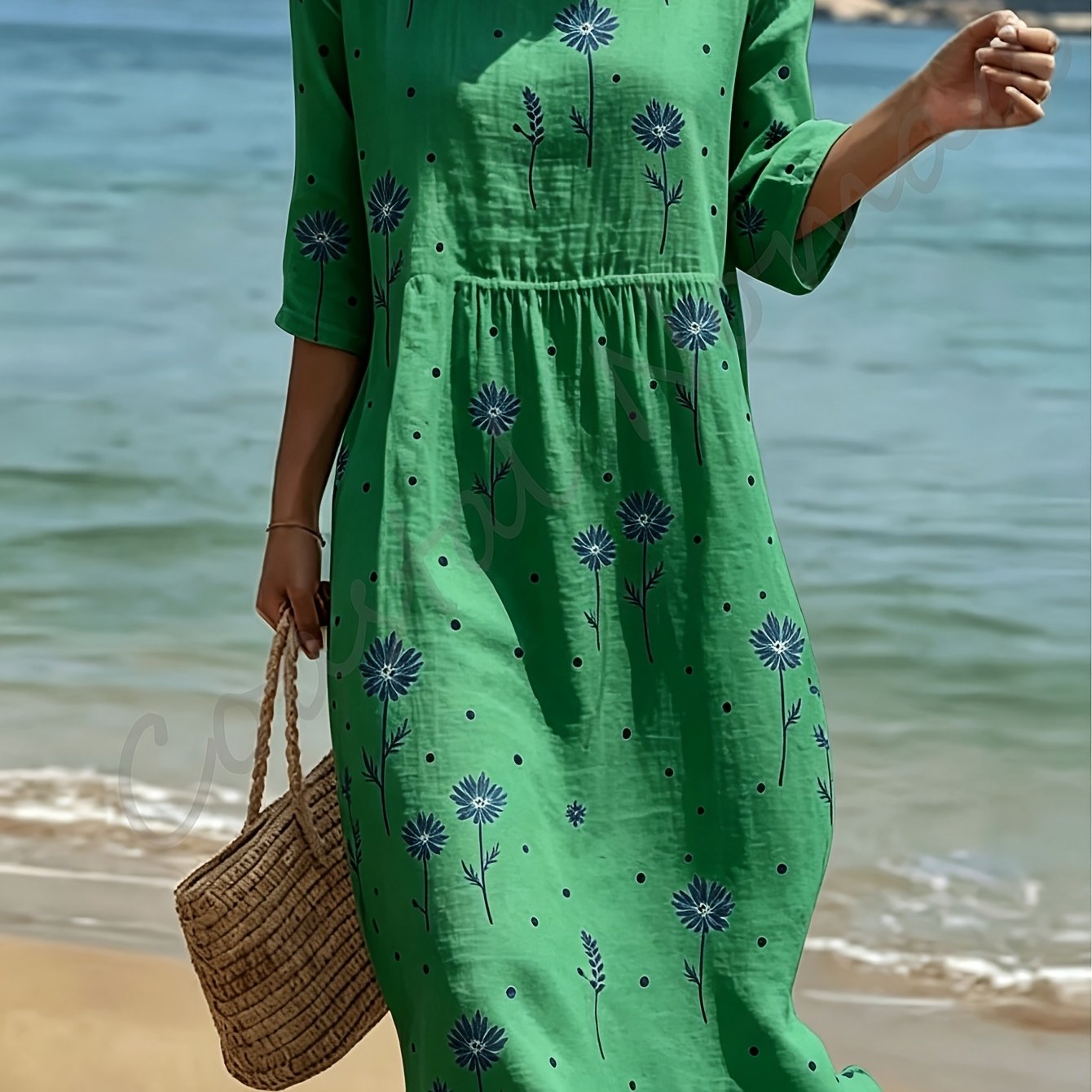 Image of Plus Size, Summer New Plus Size Women Round Neck 3/4 Sleeve Dress Print Special Fabric Loose Gathered Waist Casual Midi Dress Beach Vacation Daily Wear