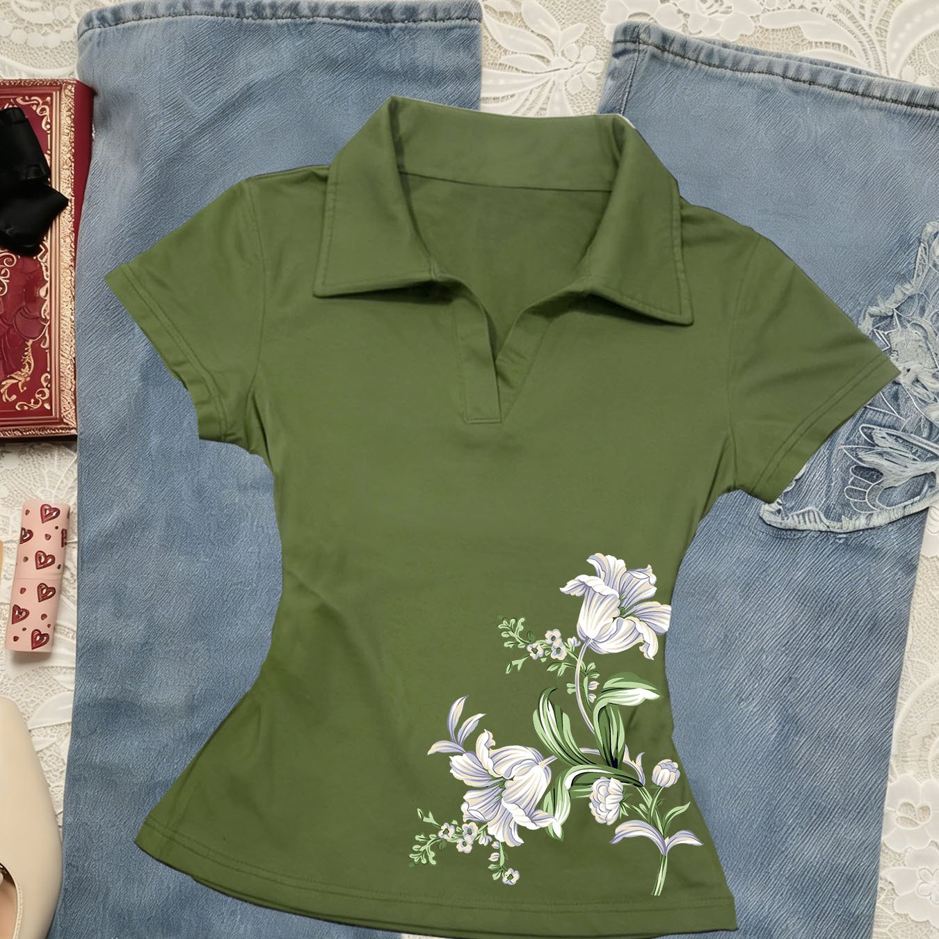 TEMU Y2k Gothic Flared Collar, Trendy Women' Slim Fit V-neck Short Sleeve Design, Slim-fitting Regular Fit T-shirt For Women
