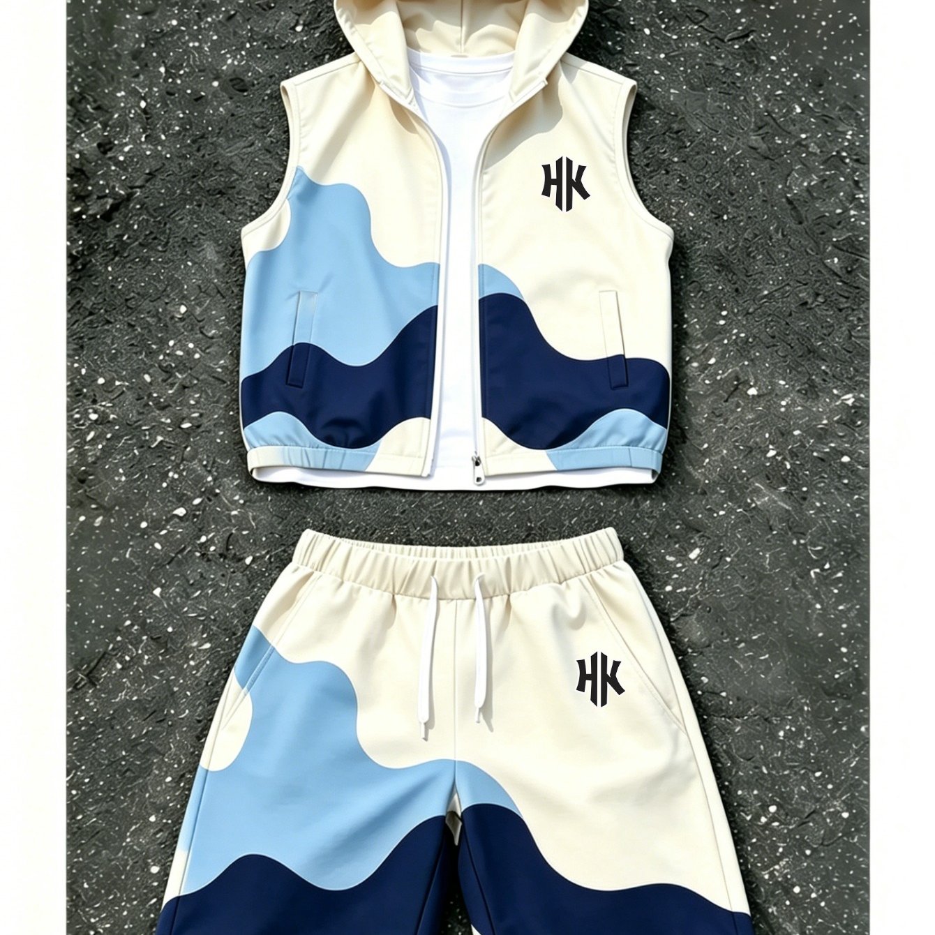 TEMU Conjunto de traje casual de 2 piezas para hombre: chaleco sin con capucha y cremallera y pantalones cortos deportivos con cintura con cordón.