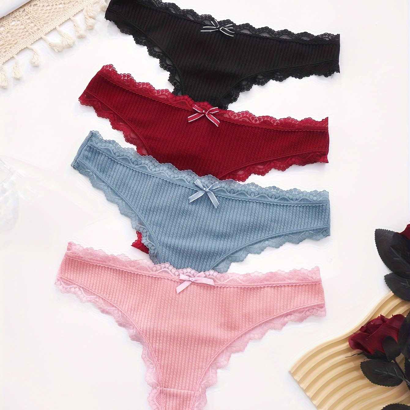 Scallop Trim Thongs Soft Comfy Contrast Lace Panties Women's - Temu