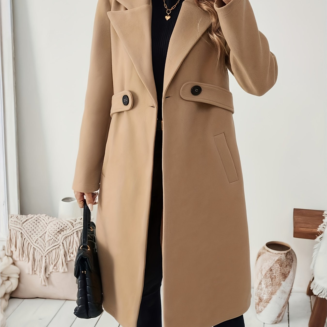 Image of Women's Autumn Casual Simple Large Lapel Waist-cinching Button Pocket Midi Coat, Ideal For Office And Outdoor Wear