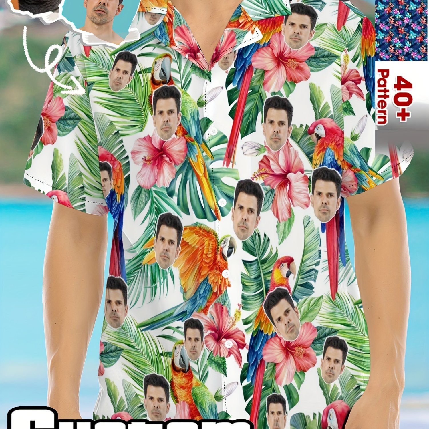 TEMU Custom Face Photo Men's Hawaiian Shirt - Personalized , Casual Summer Style With Button Detail & Collar, Pattern Placement, Full Face
