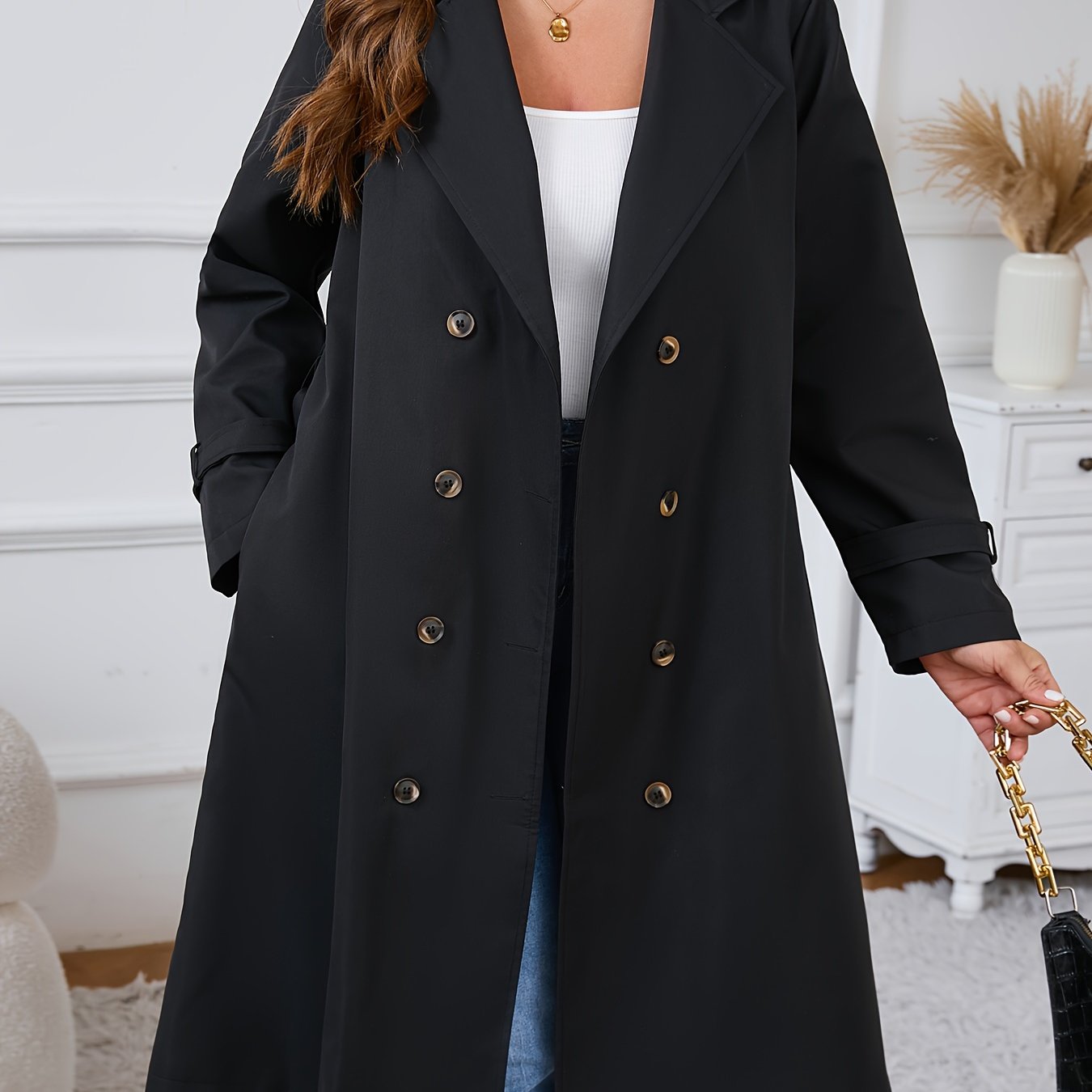 Plus Size - Plus Size - Plus Size Lapel Double-breasted Trench Coat