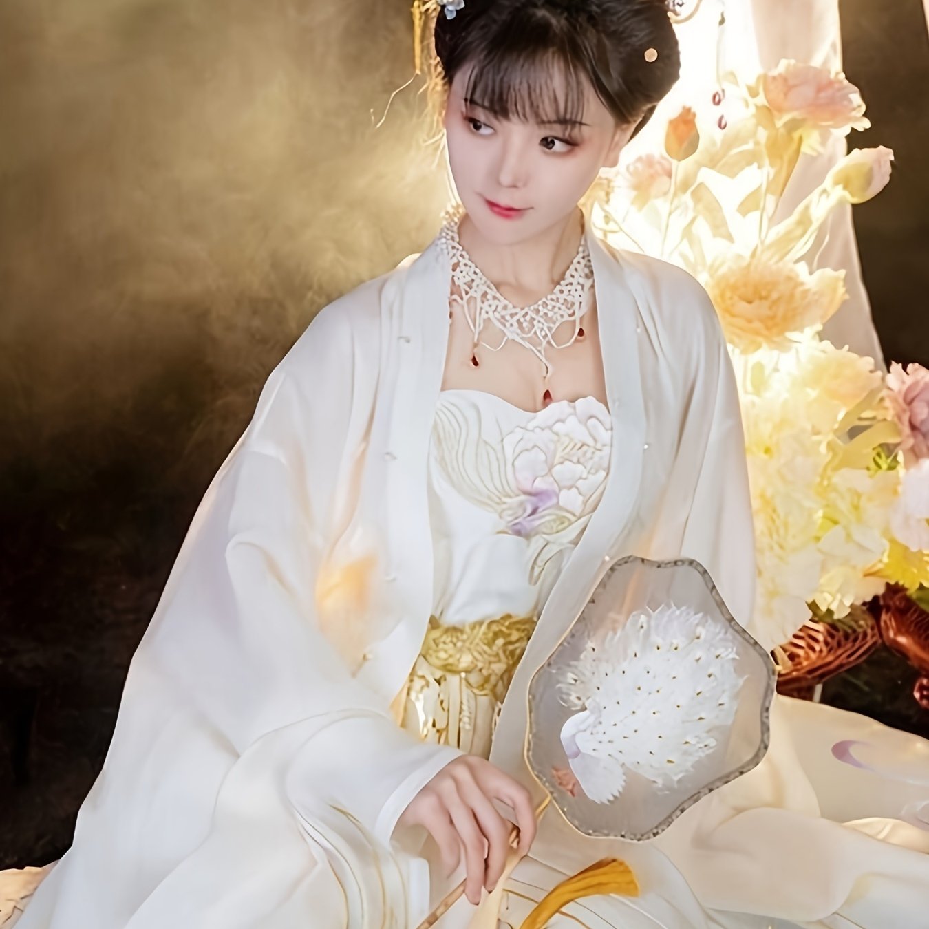 TEMU 女性用伝統中国漢服コスチューム - 唐代スタイルのストワンピースドレス、ヘジスカート、大袖＆ルプリント（ストレッチなし） - ホワイト古代中国ドレス、ロールプレイ、文化イベント用 - 手洗い可能