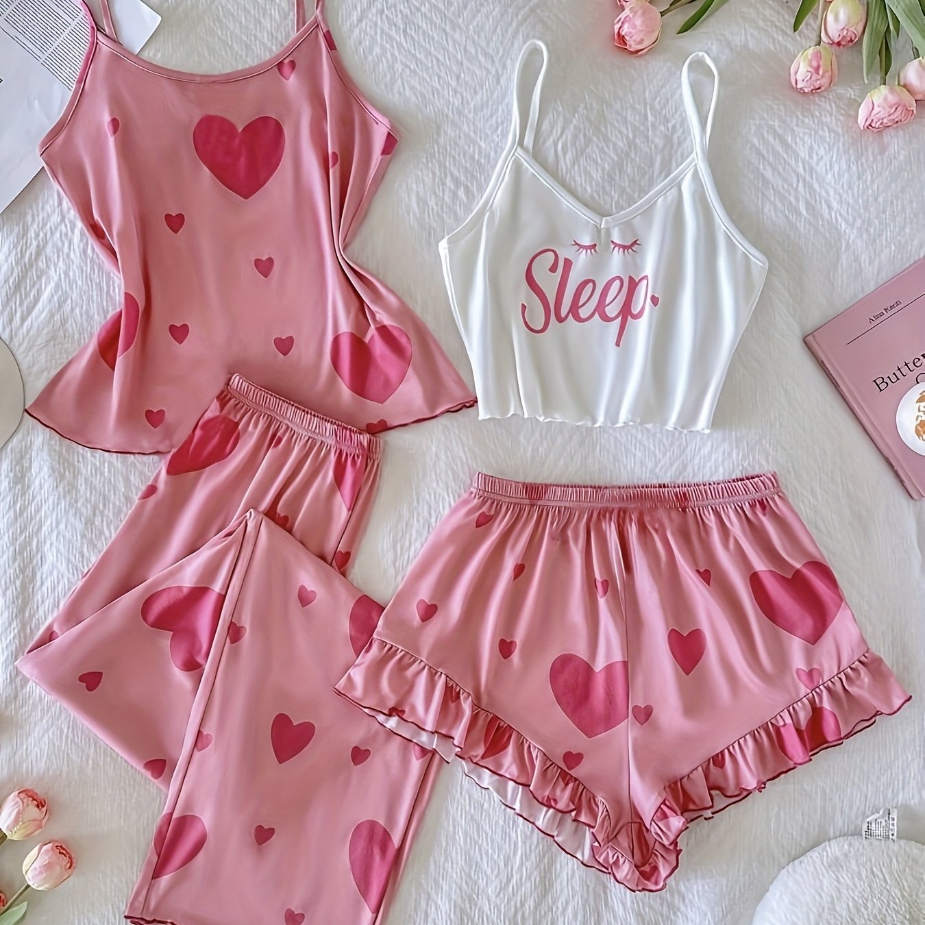 TEMU 4-teiliges Damen Niedliches Tanktop mit Herzprint und Shorts, passendes Pyjama-Loungewear-Set mit langen Hosen