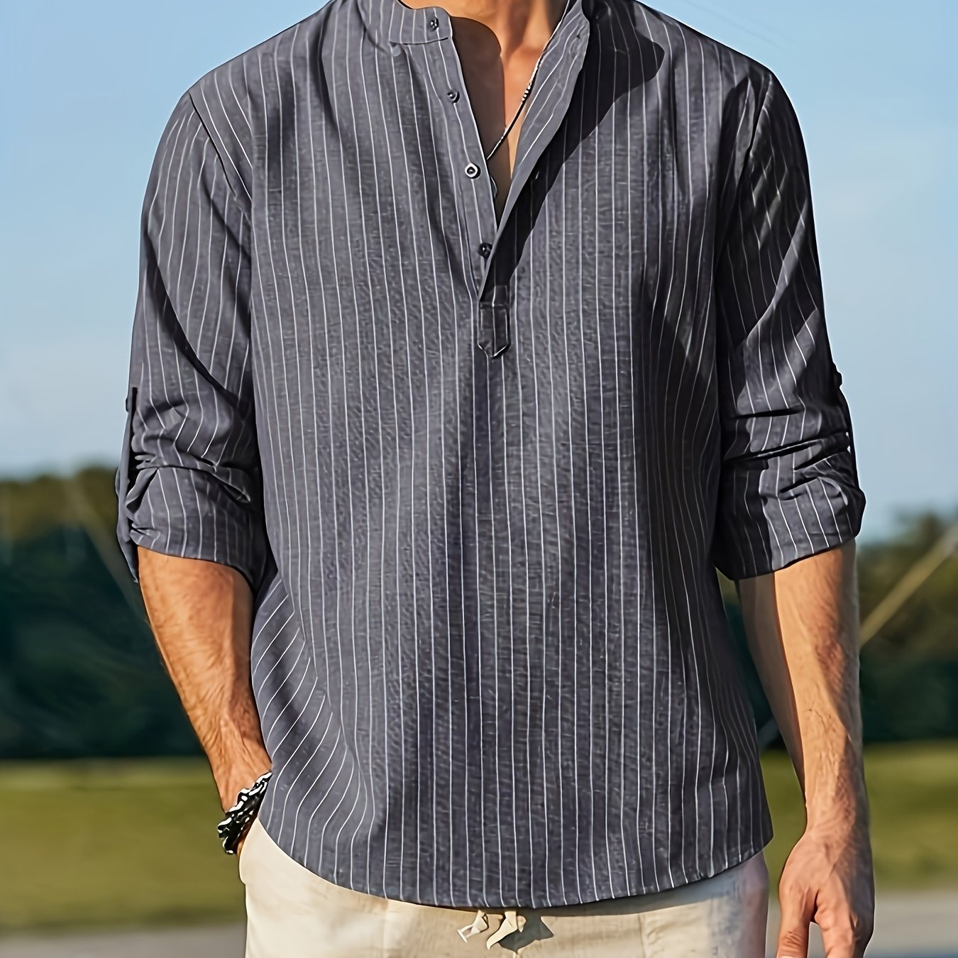 Men's Striped Pattern Henley Collar Casual Fashion Shirt, Plus Size