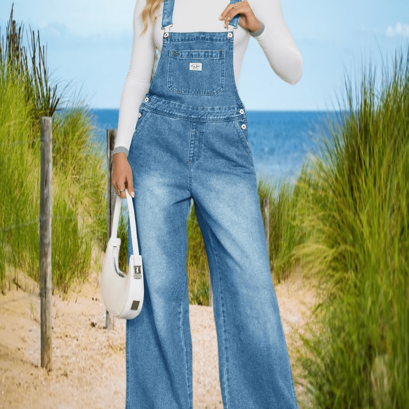 Image of Women' Denim Bib Overalls Casual Adjustable Strap Wide Leg Jean Jumpsuits Loose Fit Long Rompers With Pockets