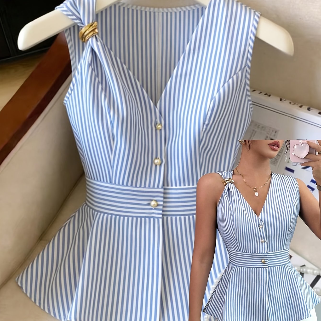 TEMU Haut décontracté élégant et luxueux manches, style jupe trapèze à taille avec boutons métalliques et col en V, à rayures, exclusivement pour