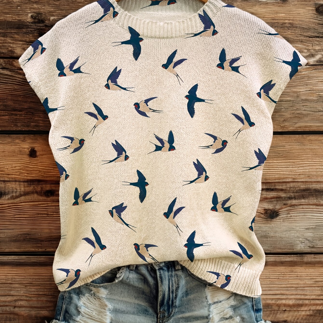 TEMU [printed Design - Not Textured] 2026 New Women's Printed Wide-shoulder Lightweight Cap Sleeve Short-sleeve Pullover, Pattern, Casual And Stylish