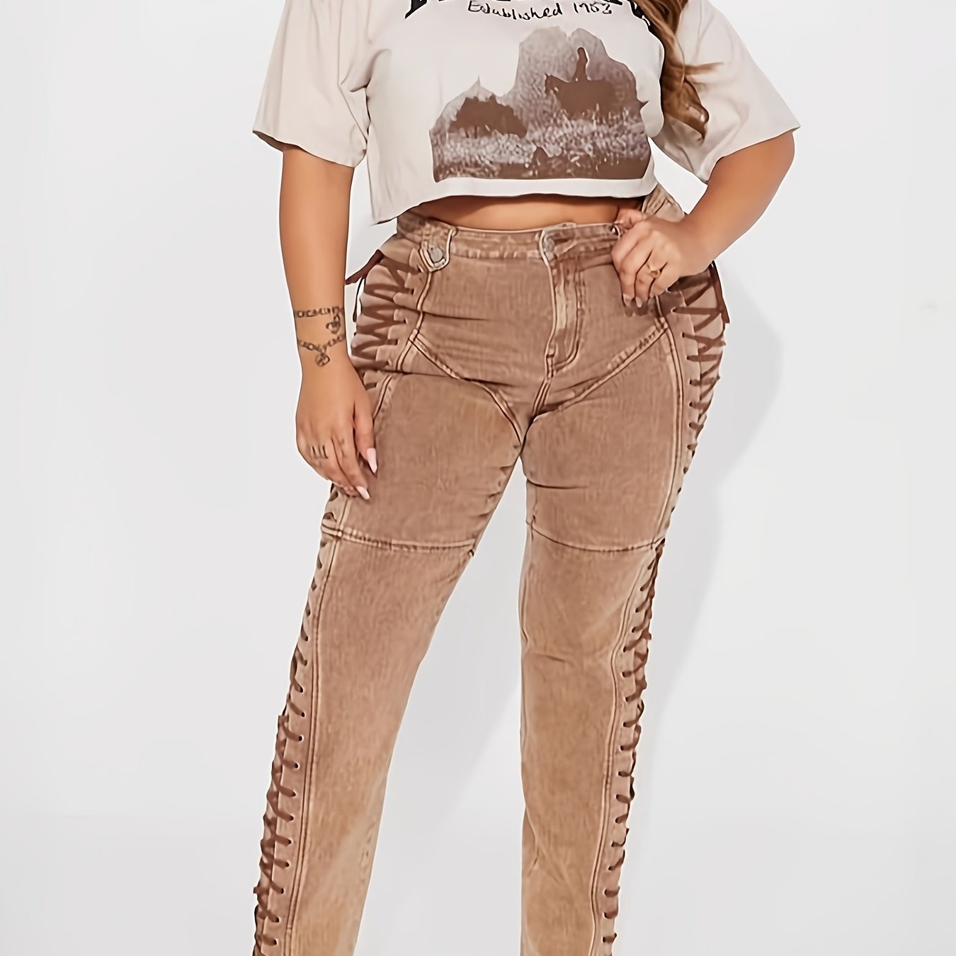 TEMU 2026 European And New Women's Trendy Lace-up Drawstring Hot Denim Pants Stretch Thin Long Trousers