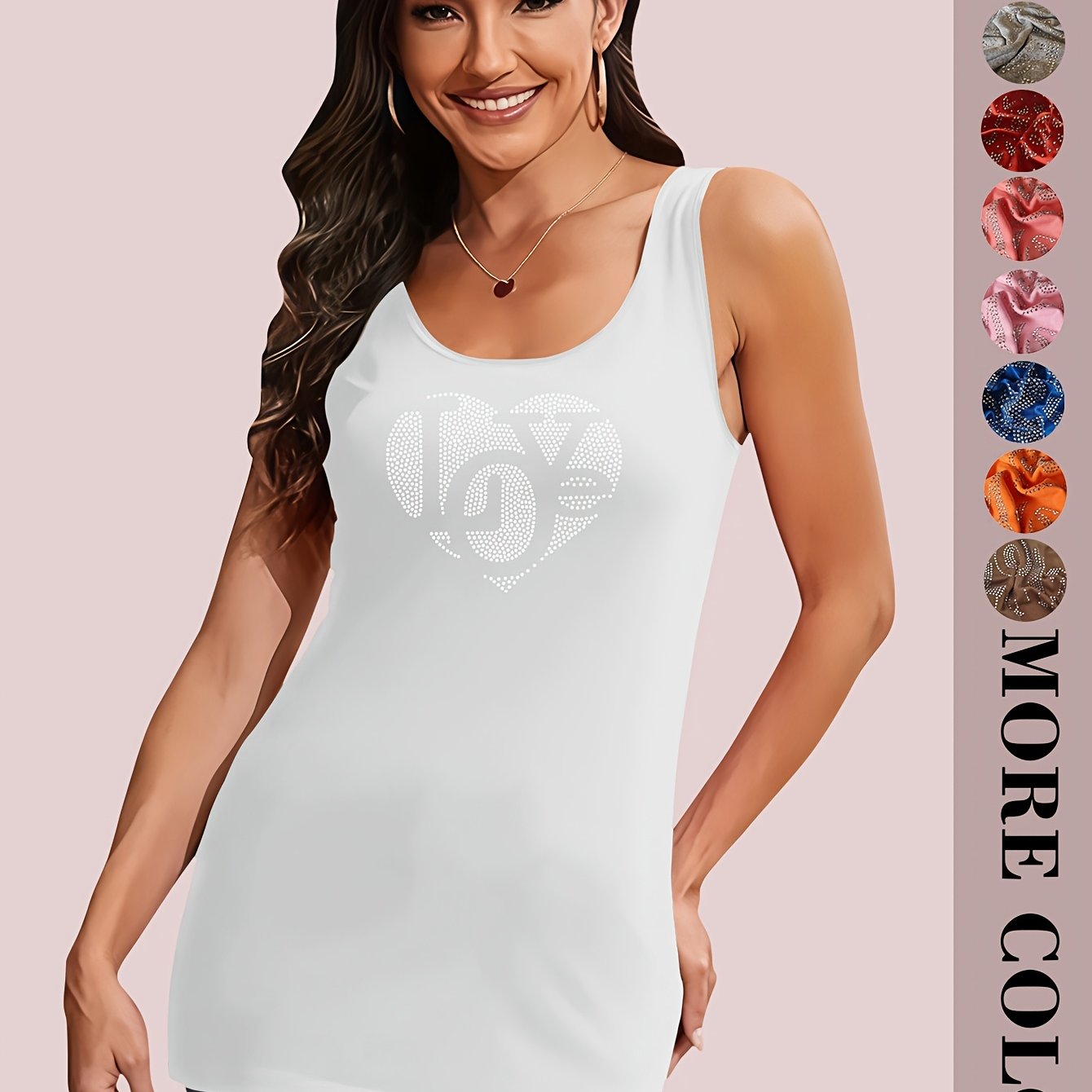 TEMU European And Women's Spring, Summer, And Autumn Camisole With Heart Outline "love" Rhinestone Pattern, Casual Long Sleeveless Top | Multiple