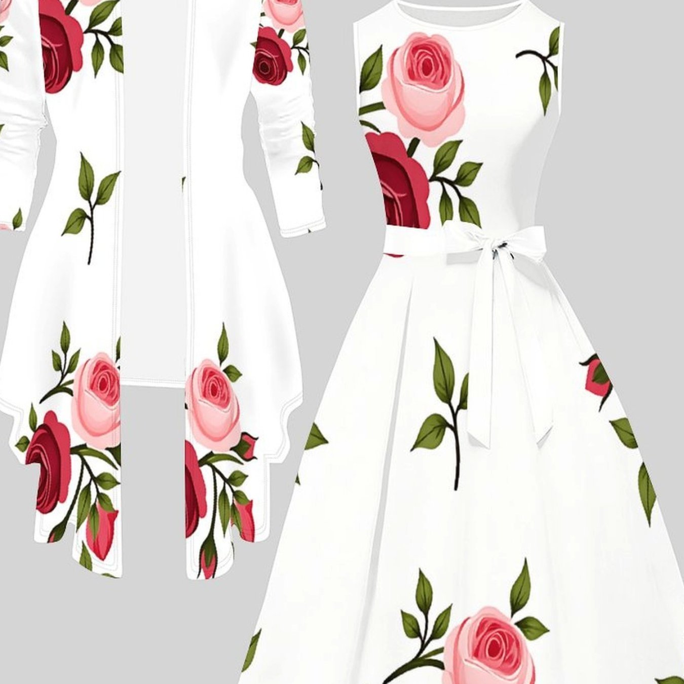 Image of Plus Size - Plus-size Women'-piece Set, Including Long-sleeve Coat And Waist-tied Cami Dress. Features Trendy Prints. It Can Reshape And Is Ideal For Daily Commutes And Gatherings