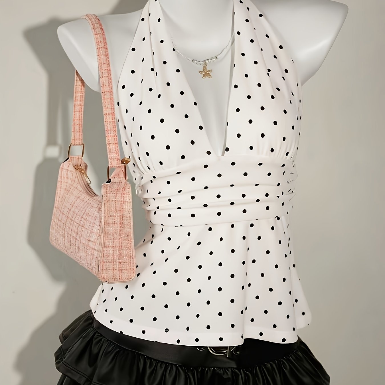E-shop Damen-Modeweste in Erdöntönen mit Träger-Ausschnitt, Schleife, Plissees Polka-Dots
