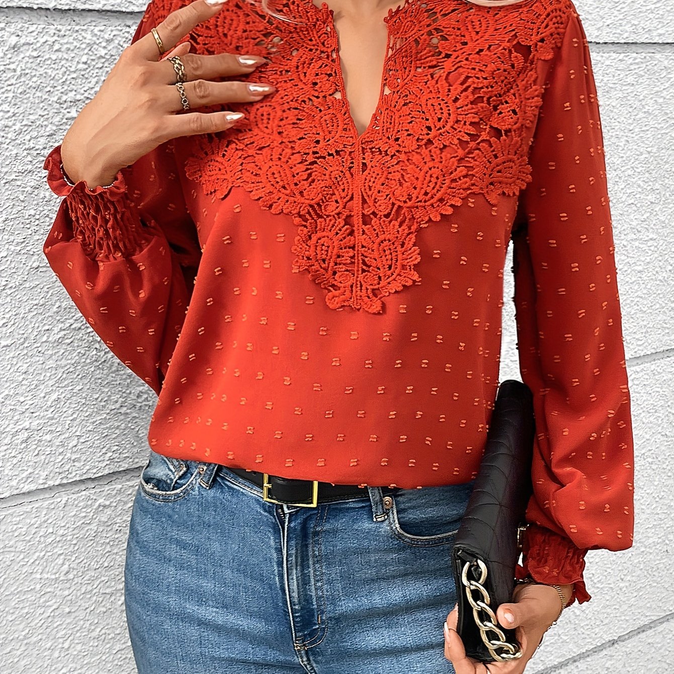 TEMU Swiss Dot Lace , Notched Neck Shirred For & Fall, Women's Clothing