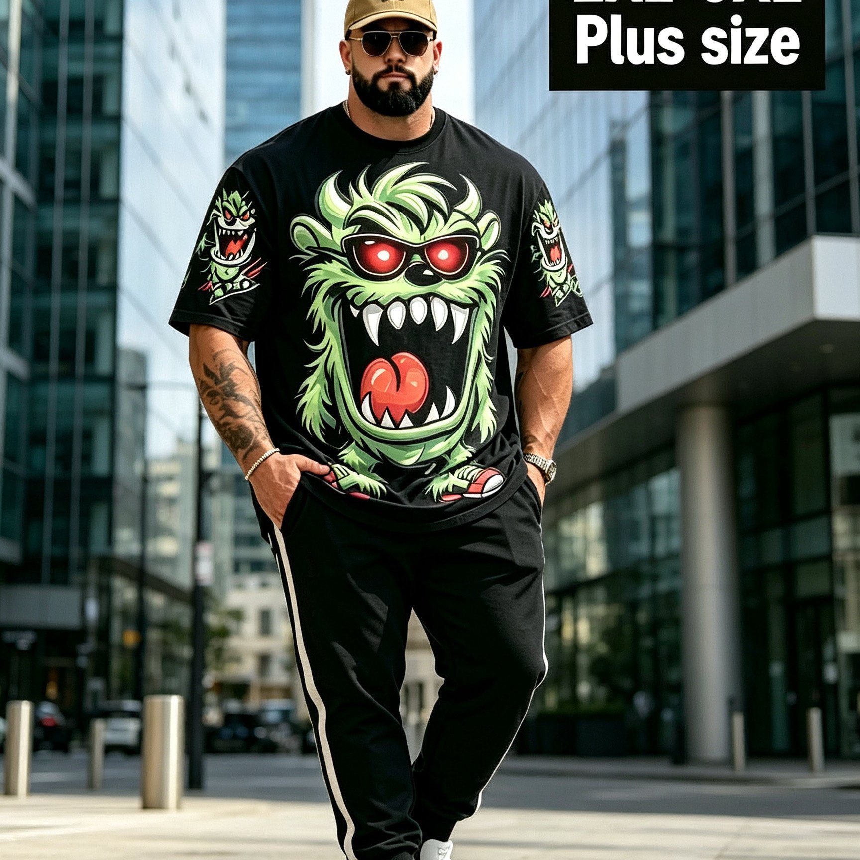 TEMU Plus Size Men's Short Sleeve T-shirt, Sizes 2xl-9xl, Fang Monster Pattern, Loose Round Neck Top, Stretch Breathable Polyester Fabric Machine