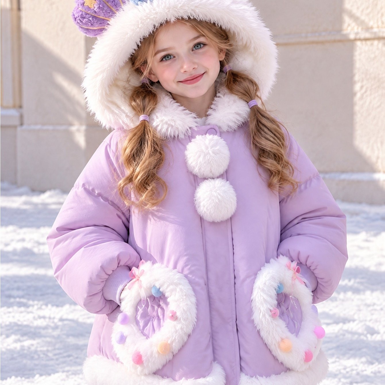 Image of Girl's Thickened Cotton-padded Jacket, Shell Corner Shape Plush Hat, Love Heart Pocket, Children' Purple Warm