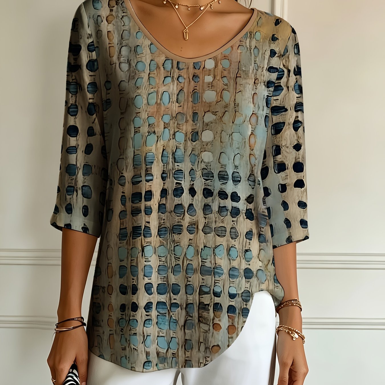 TEMU Printed Distressed Ripped Effect Water Ripple Polka Dot Print V-neck T-shirt, Women's 3/4 Sleeve European Loose Body- Breathable -like Casual