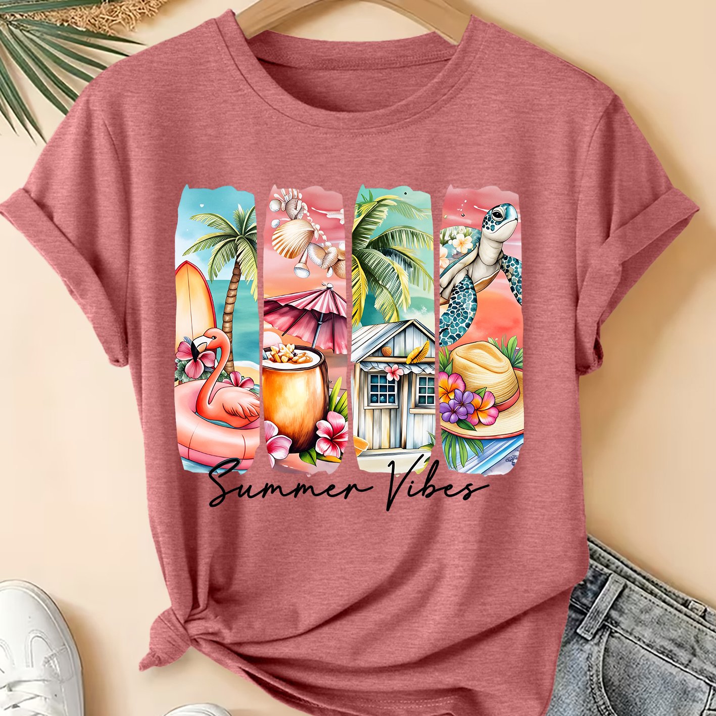 TEMU Beach Scenery Printed Short Sleeve Distressed Vintage Round Neck T-shirt, Fresh Style Loose Top For 2026 Spring Summer Elegant Party Fashion