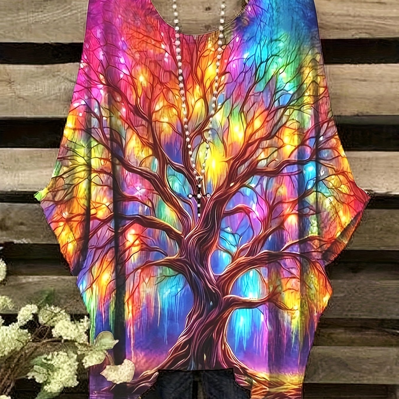 Plus Size - Plus Size - Plus Size Women's Targeted Bohemian Plus Size Easy Multicolor Luminous Tree Pattern Print Irregular Hem Round Neck T-shirt, Fashionable And Versatile