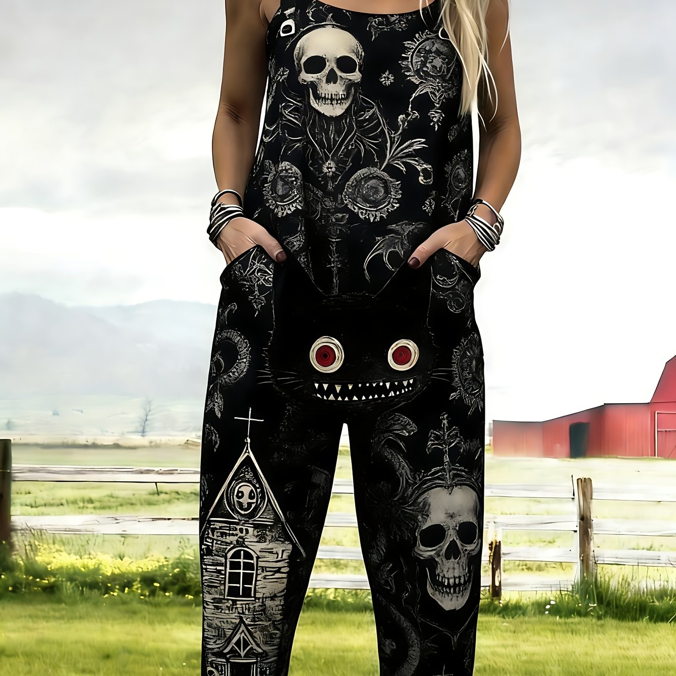 Image of Plus Size - Women's Gothic Style Skeleton Cat Haunted House Print Overalls - Lightweight Loose Casual Jumpsuit With Pockets