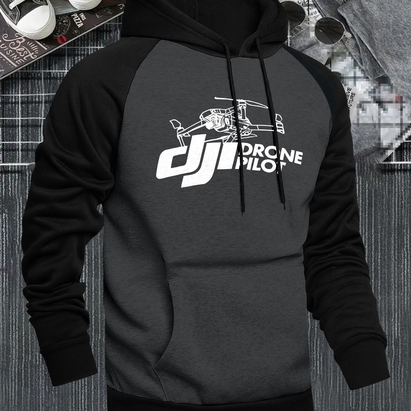 TEMU Herre DJI Drone Pilot Hettegenser - Rød & Svart Fargeblokk Pullover med Drone , Hettegenser for DJI Drone Entusiaster, Høst/Vinter Casual