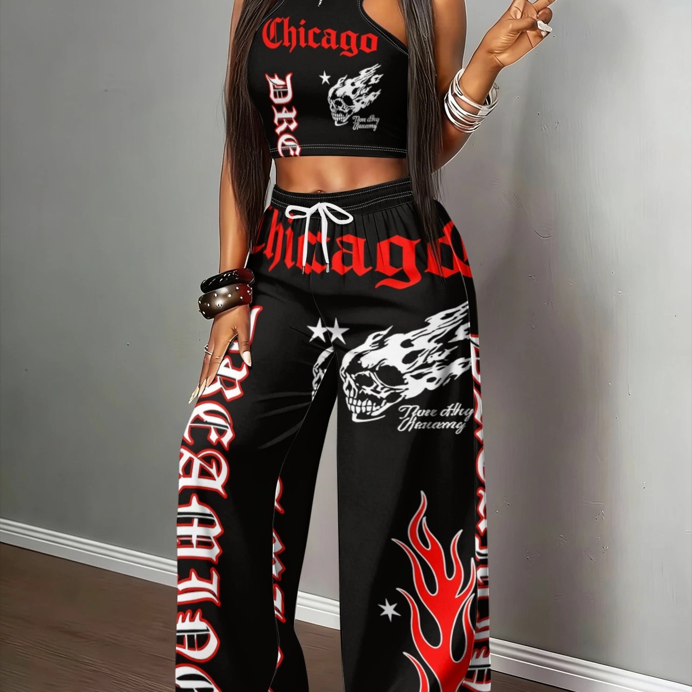 TEMU Women' Size Street Style : Chicago Flame Skull Print Halter Neck Tank Top + Wide-leg Pants 2pcs Set, Hot Outfit