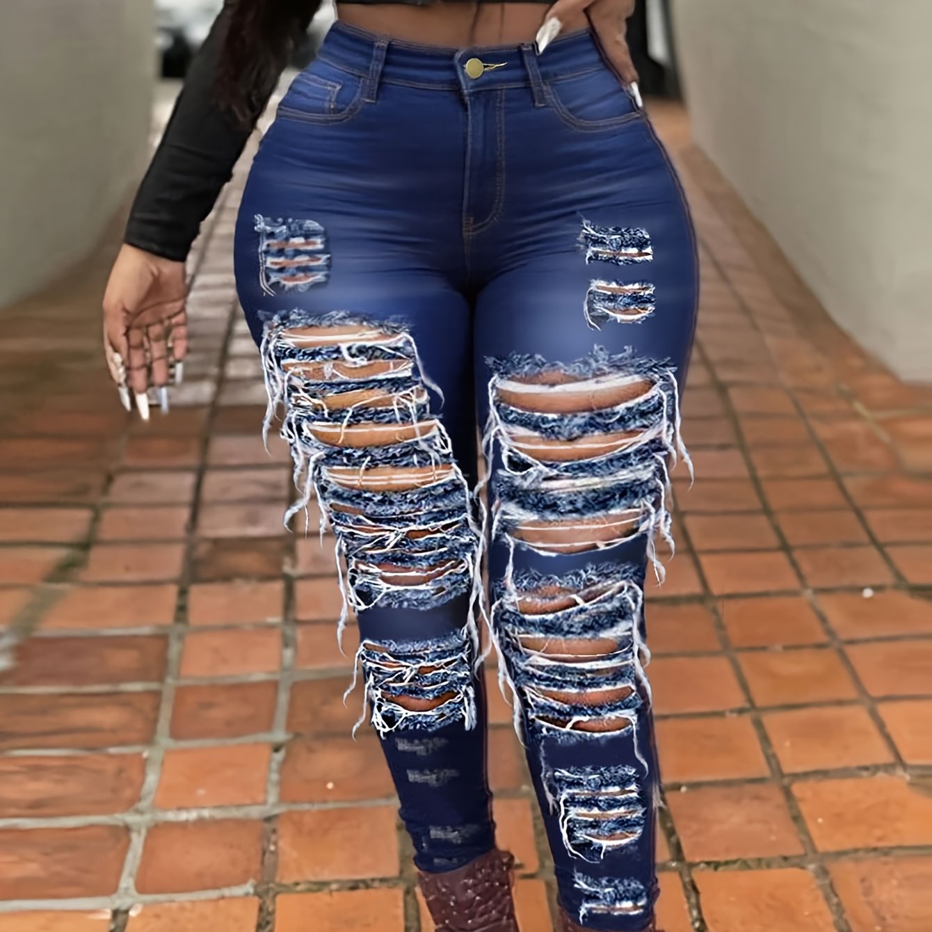 TEMU Skinny Denim Jeans For Women With A High Waist And Ripped Details, Featuring A Stretchy Pencil Fit