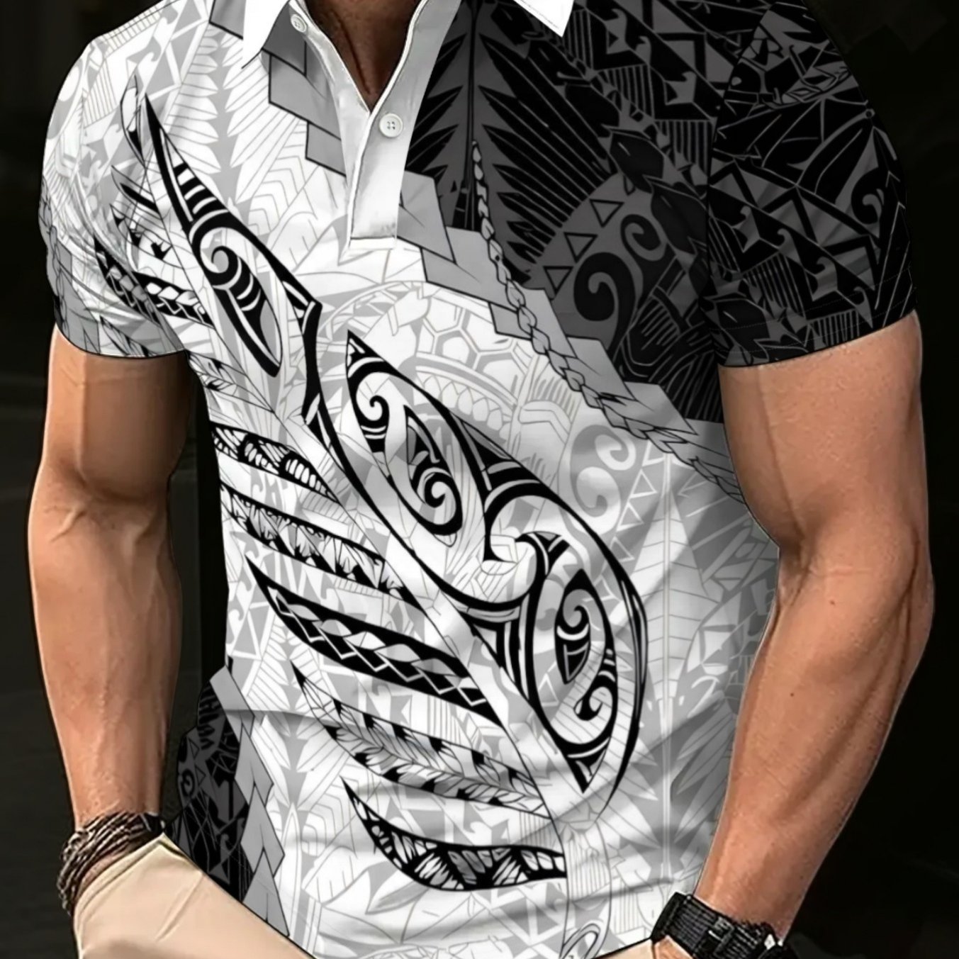 TEMU Black And White Maori Tattoo Pattern Shirt, Men's Trendy Cool Collared Short-sleeve T-shirt, Plus Size