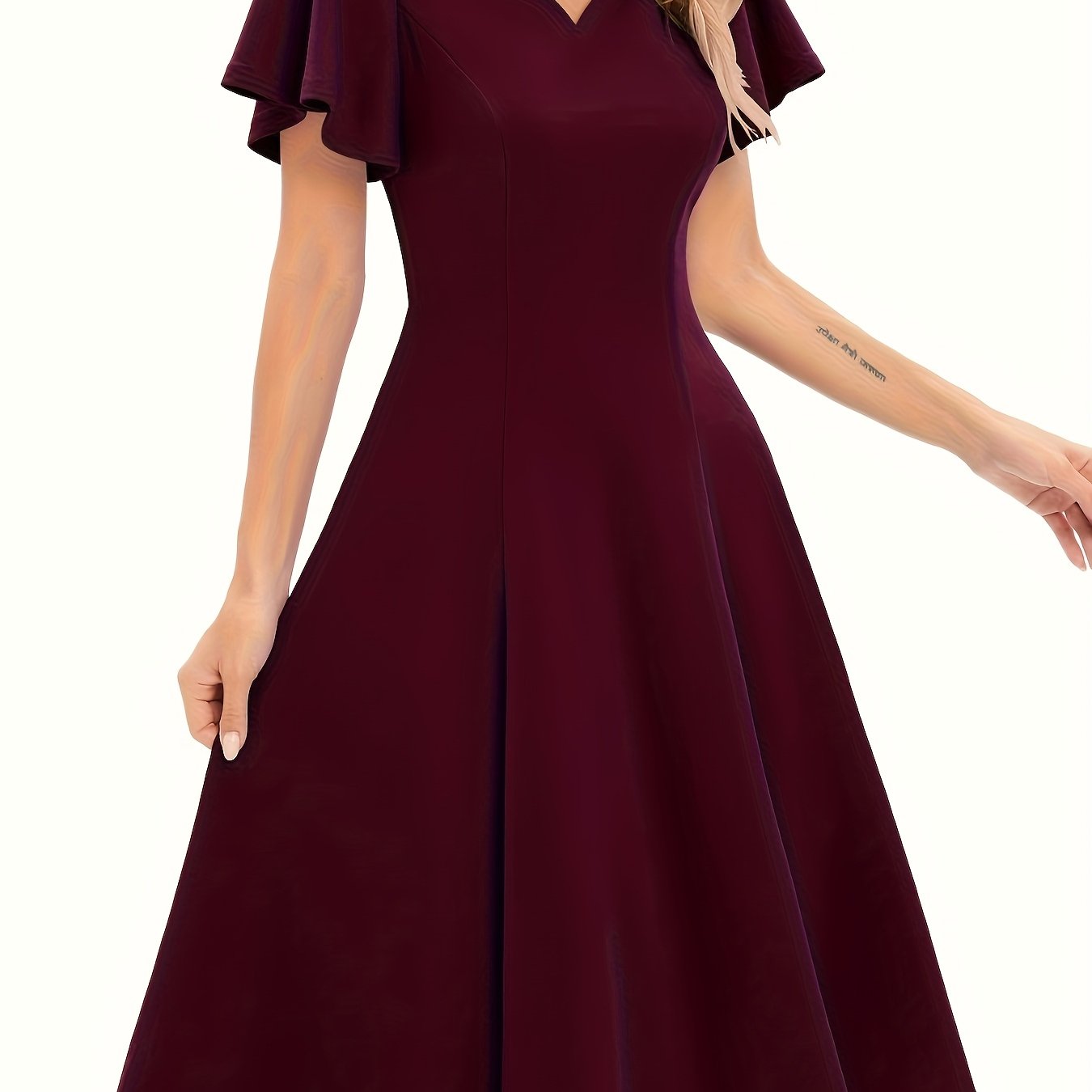 Image of Elegant Spring-summer Women's Dress With Heart-shaped Neckline, Ruffle Sleeves, And Wide Hem