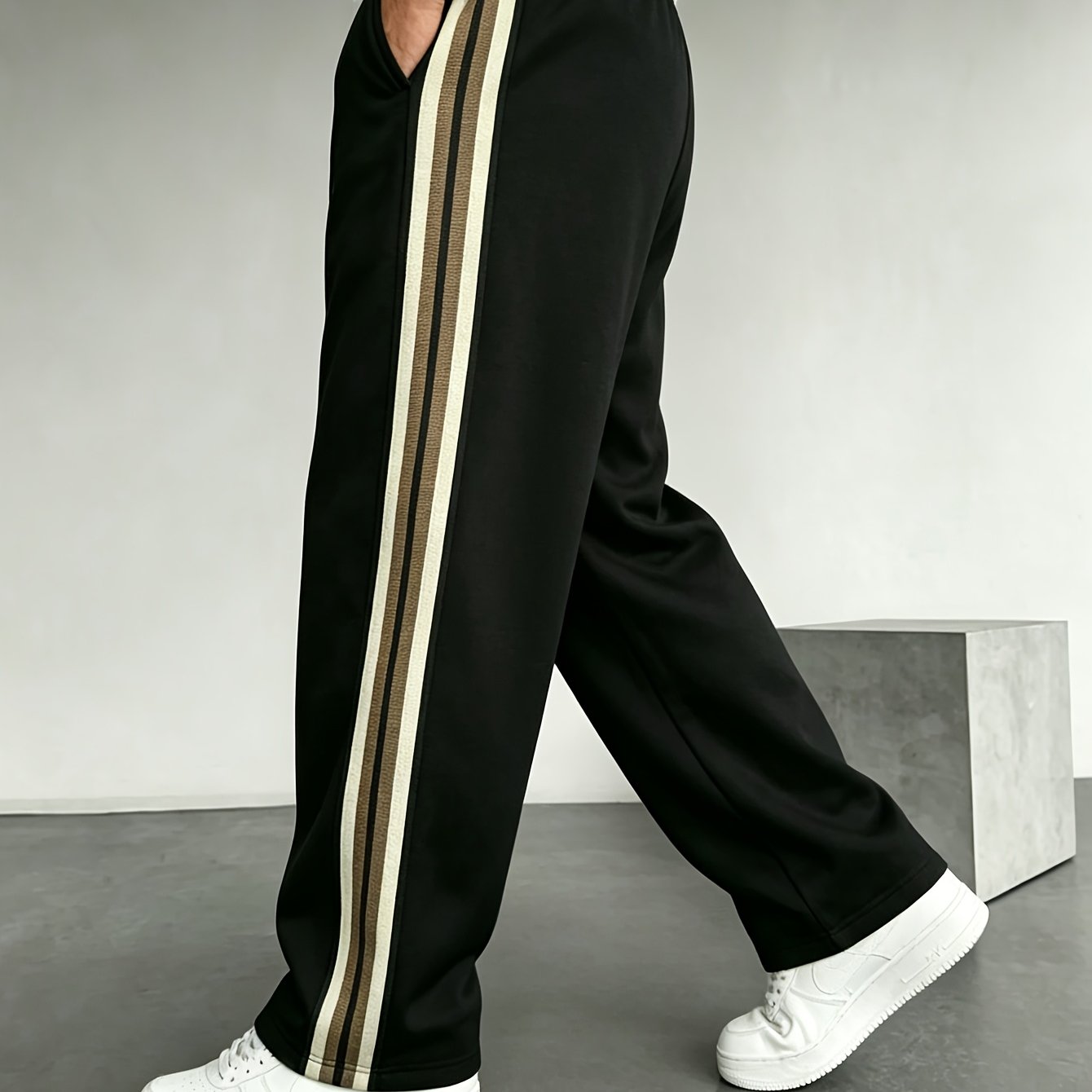 TEMU Baggy Pants Men's Side-webbing Striped Sweatpants With Drawstring Waist, Straight-leg Casual Sweatpants, Breathable And Quick-drying, Suitable