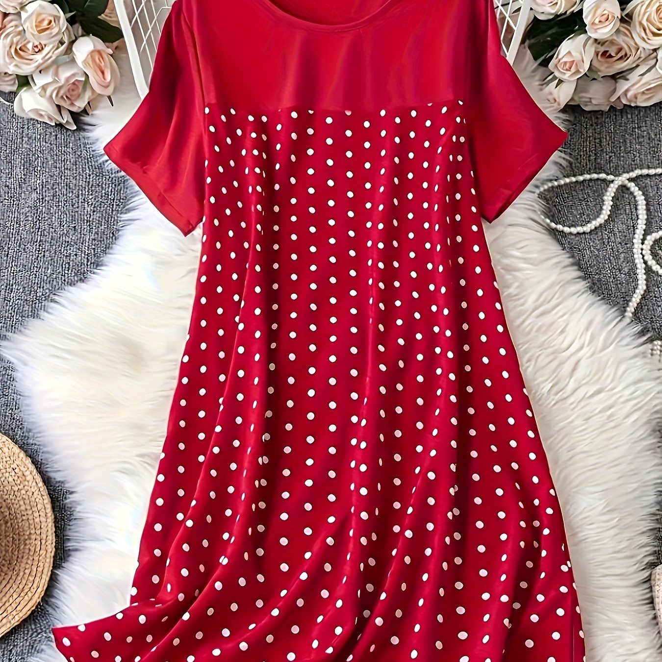 TEMU Plus Size, Plus Size Polka Dot Print Women's Loose T-shirt Dress