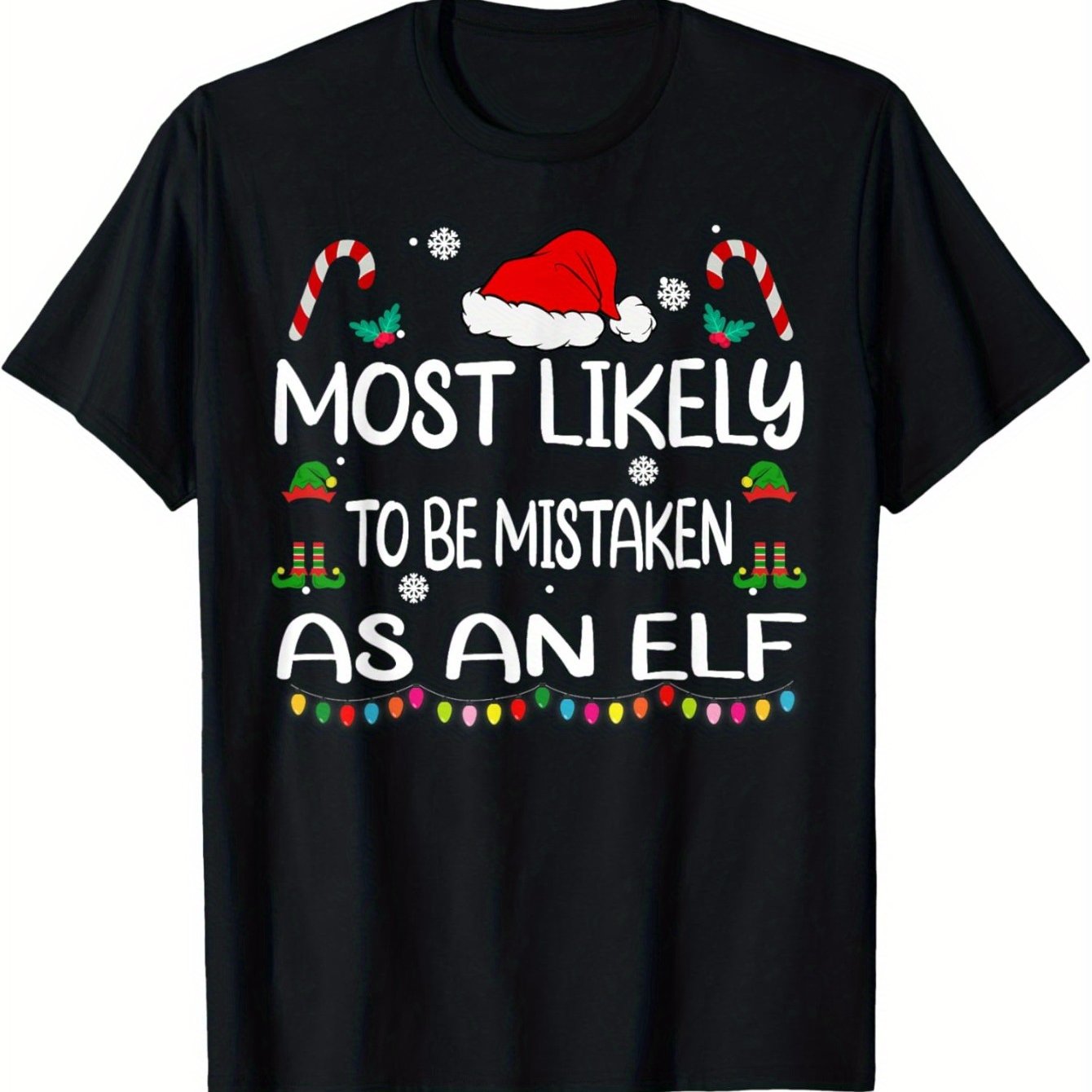 TEMU Funny Elf Costume T-shirt For Adults - Most To Be As An Elf Christmas Party Outfit - Soft Breathable 100% Black Tee With Elf & Hat Icons - Loose