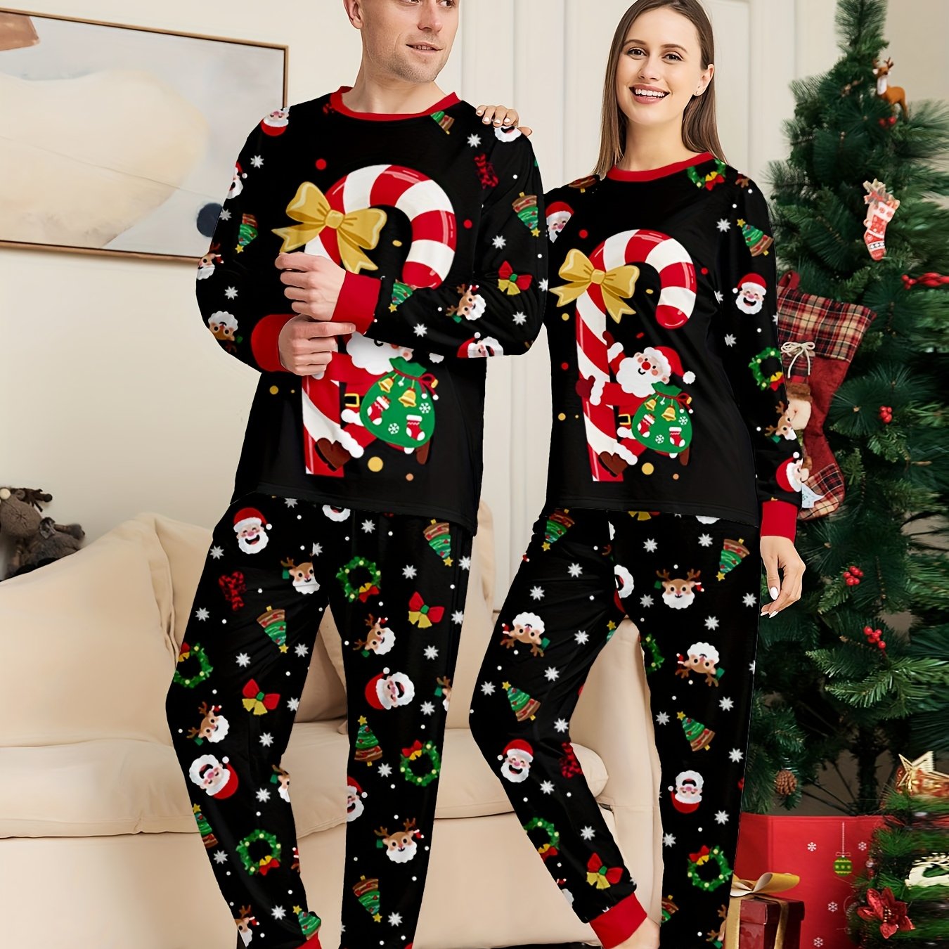 TEMU Pyjama décontracté de Noël pour homme à manches longues et pantalon long, avec imprimés décoratifs Père Noël, , sapin de Noël et guirlande
