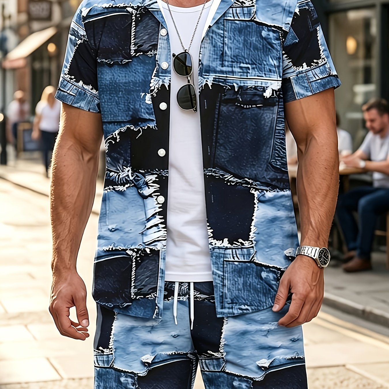 TEMU 2pcss Men's Shirt And Shorts Set, Short Sleeve Shirt And Casual Shorts 2pcs Outfit [printed Design - Not Textured], Plus Size