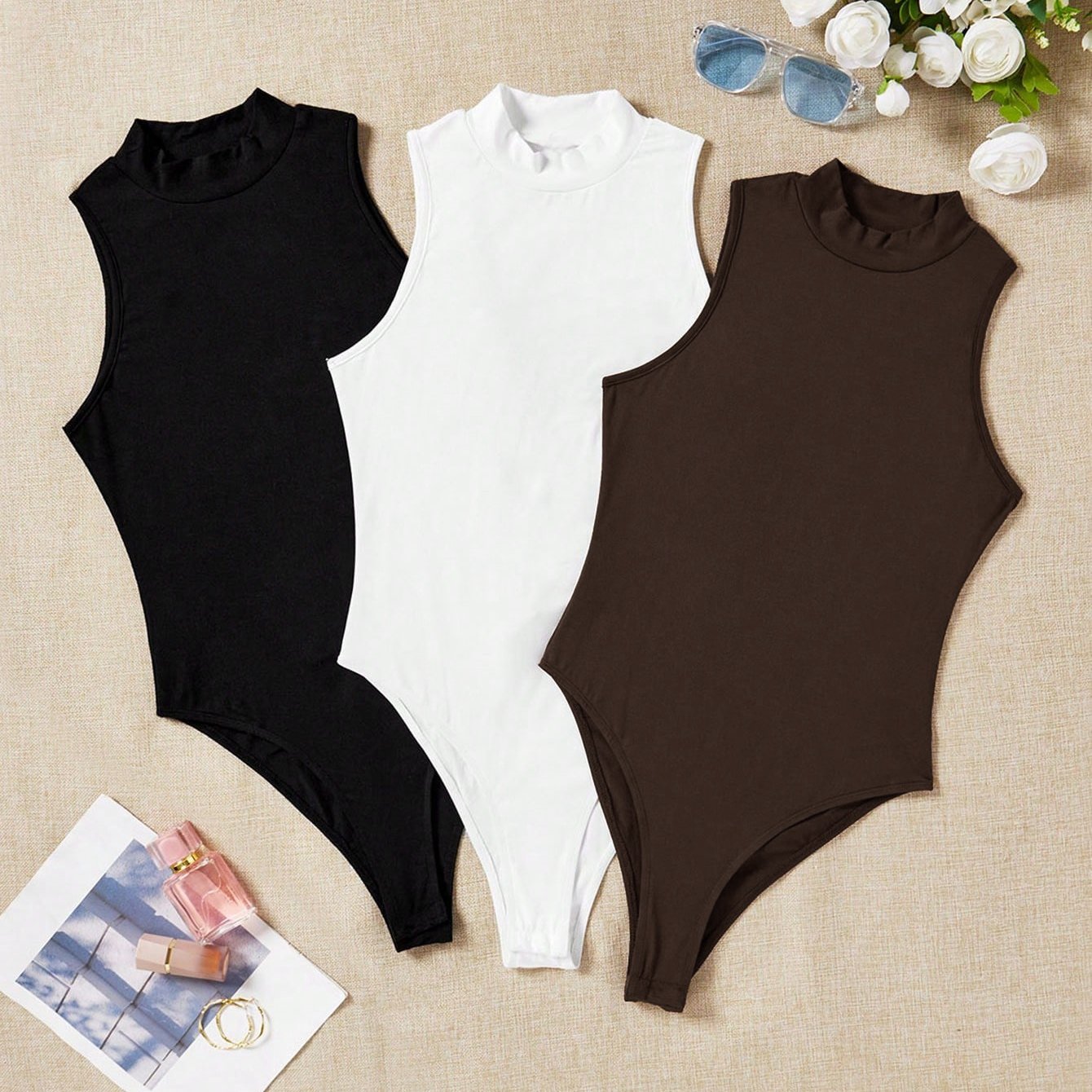 TEMU New Women's 3pcs Set, Spring Summer Fall Casual Solid Round Neck Jumpsuit