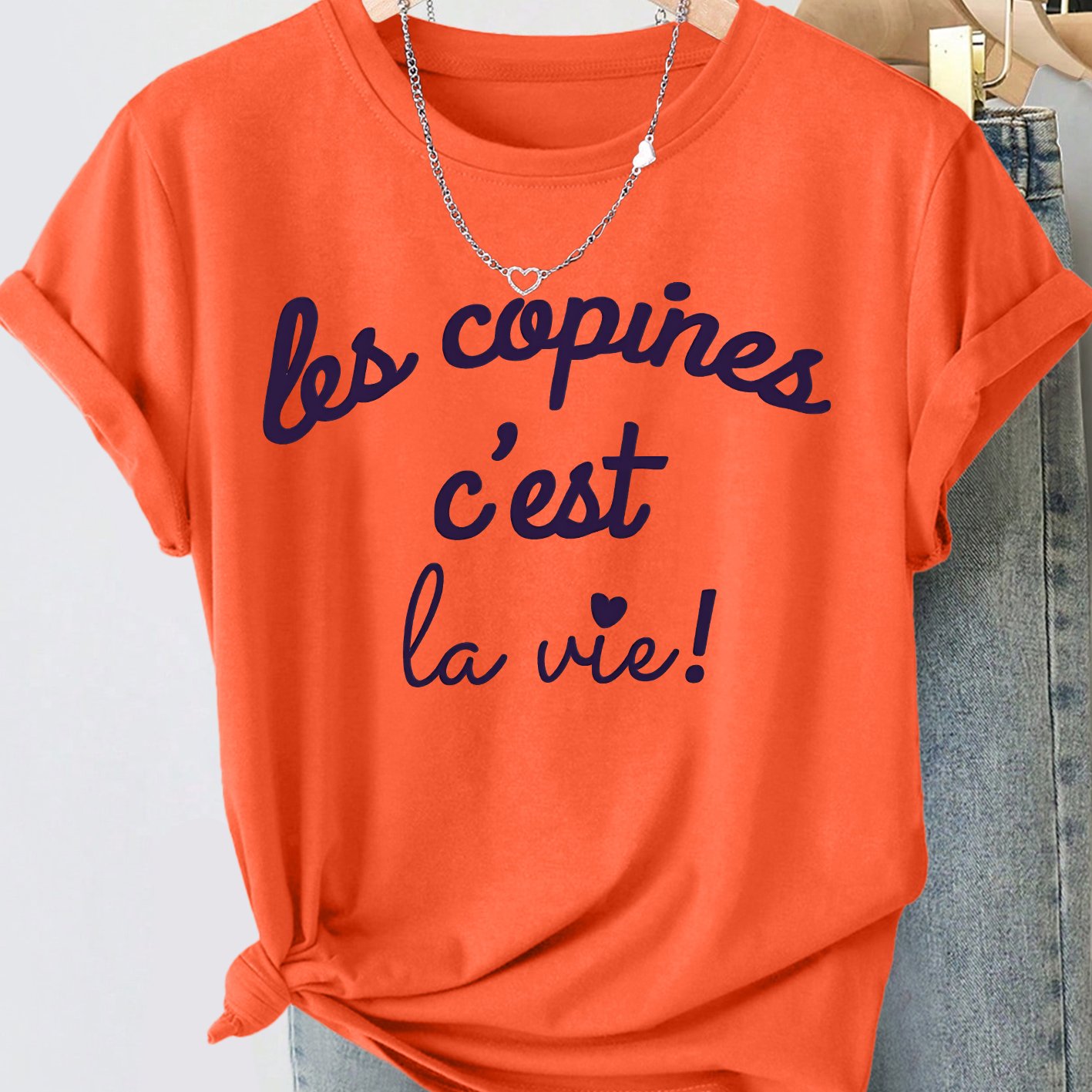 TEMU T-shirt pour femme « Les Copines » en français - Haut grande taille à col ras du cou et manches courtes avec de française, extensible et