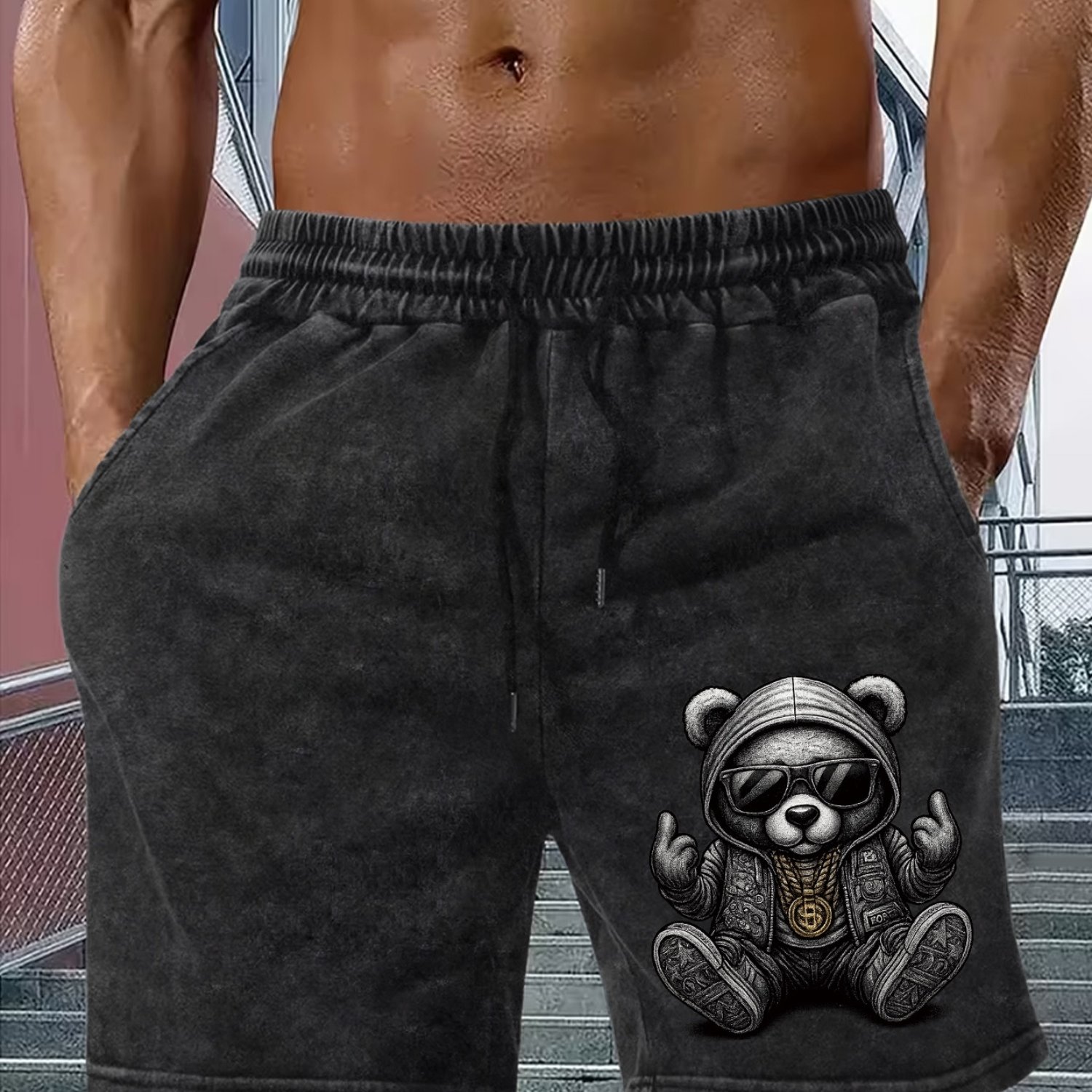 Image of Gym Workout Cool Glasses Bear Print Design, Street Style Men's Washed Shorts, Perfect Outfit, Commuting, Daily Street, Street , Dating Travel, Light Outdoor, Shops And Street Non-collision Shorts