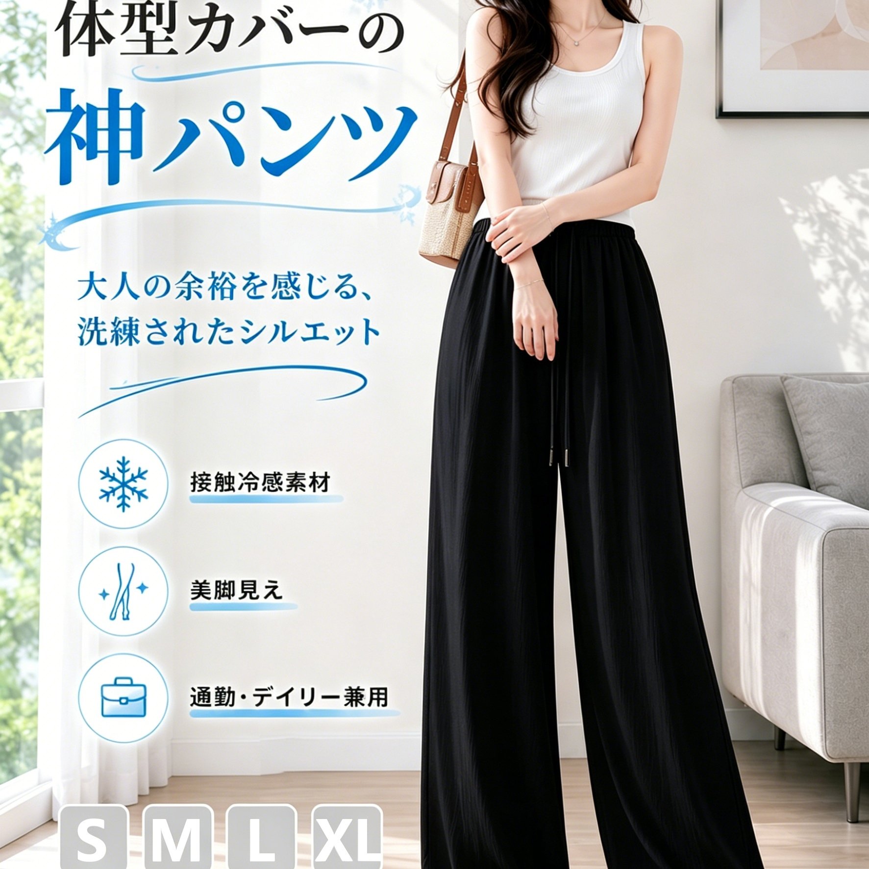 TEMU プチサイズ レディース スリムカット アイスワイドレッグパンツ 夏用 薄手 速乾 ドレープ加工 カジュアルパンツ