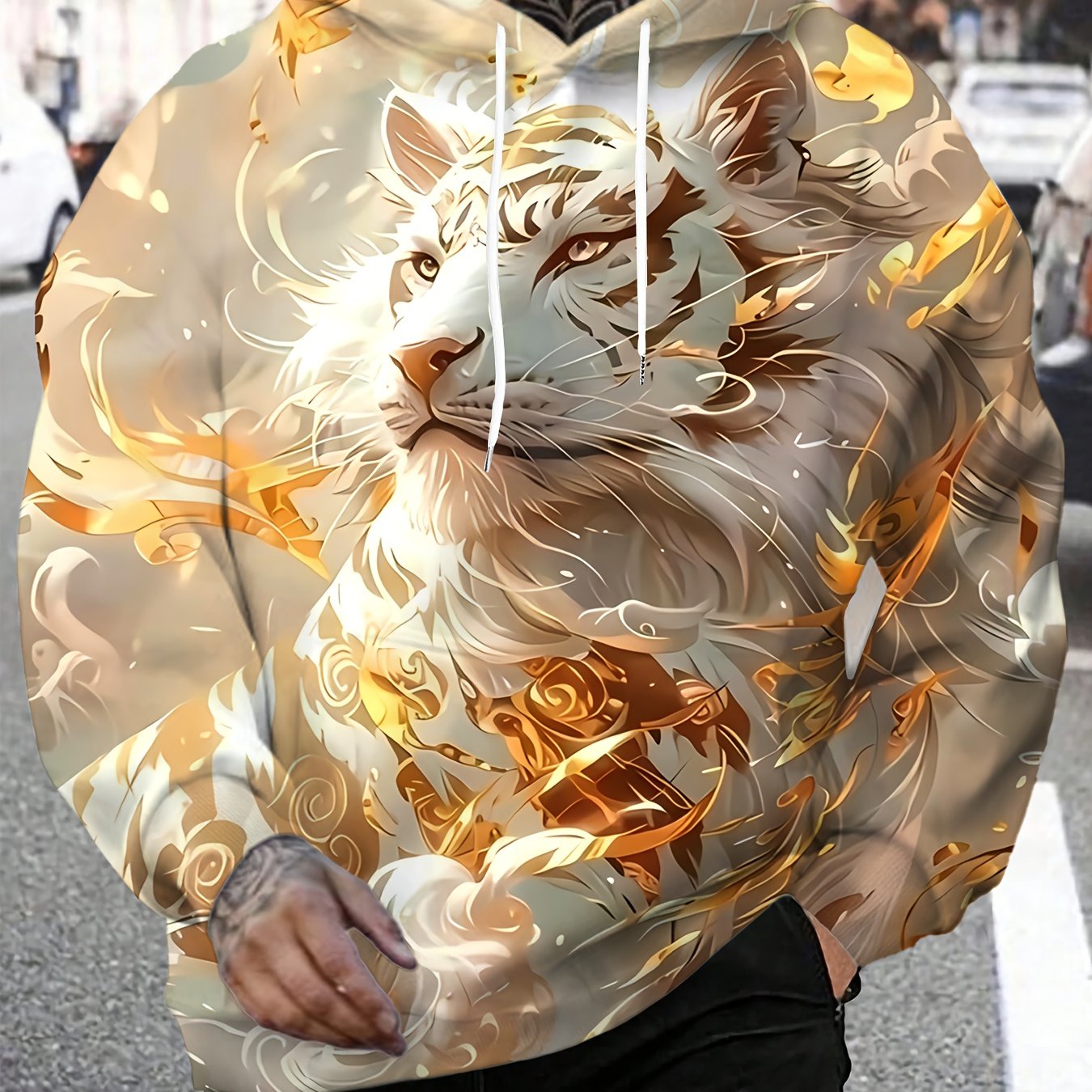 TEMU Men's Casual Sports Fashion Hoodie For Fitness And Outdoor Activities, Featuring A 3d Print Of A Tiger And White . It Has A Regular Fit, Elastic