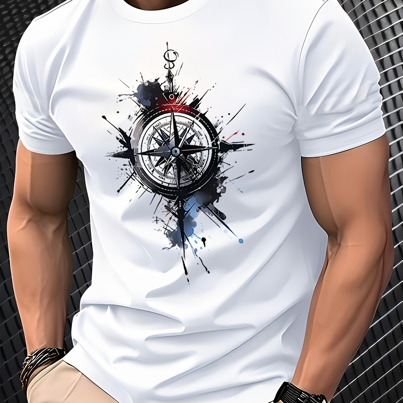 E-shop Herren Freizeit-T-Shirt mit Kompassdruck - Atmungsaktives Polyester Rundhalsshirt, Maschinenwaschbares Leichtes Sommeroberteil für