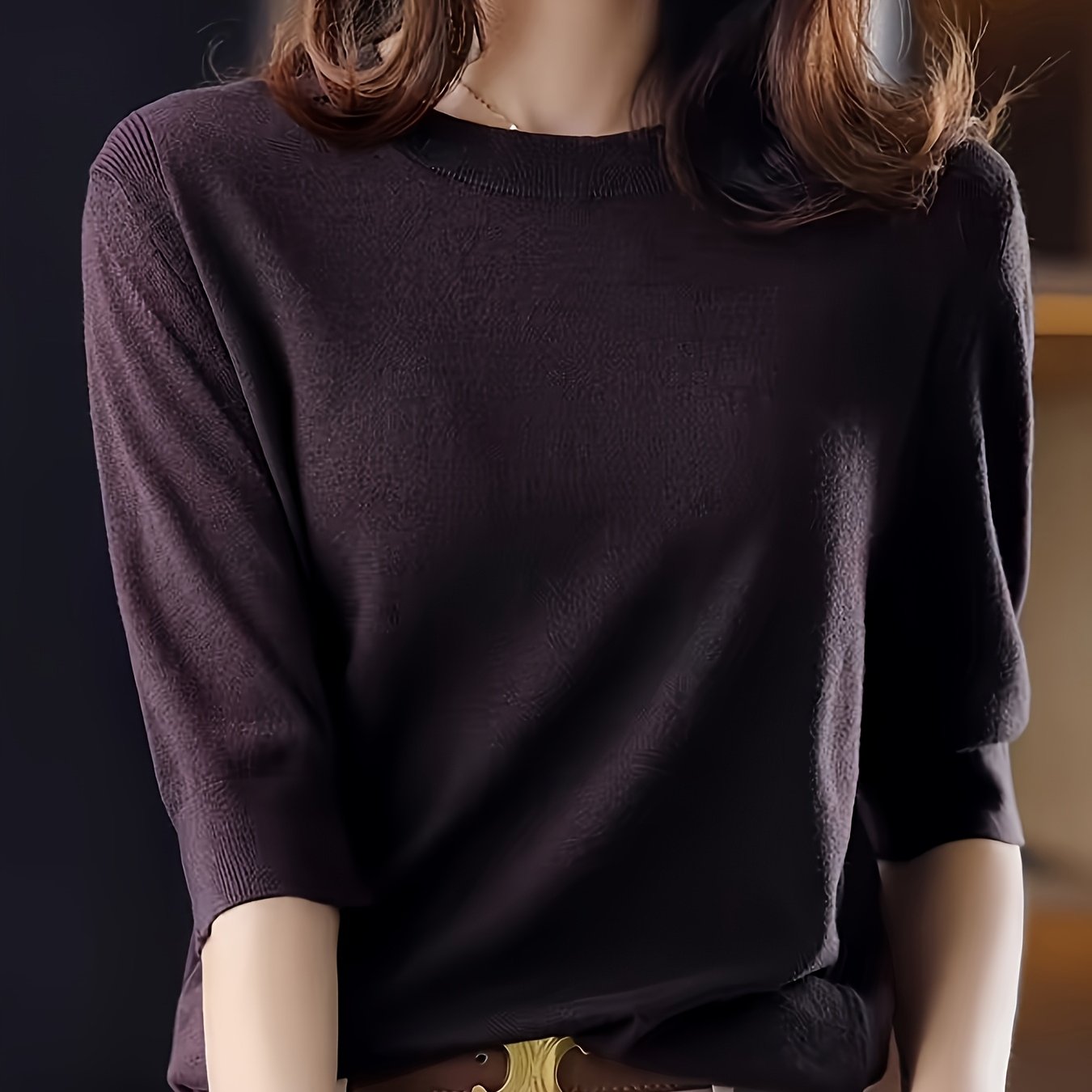 TEMU Dames top met fijn gesponnen ronde hals en halflange mouwen, nieuwe vintage elegante top voor lente/herfst, basislaagshirt met vijfdelige mouw