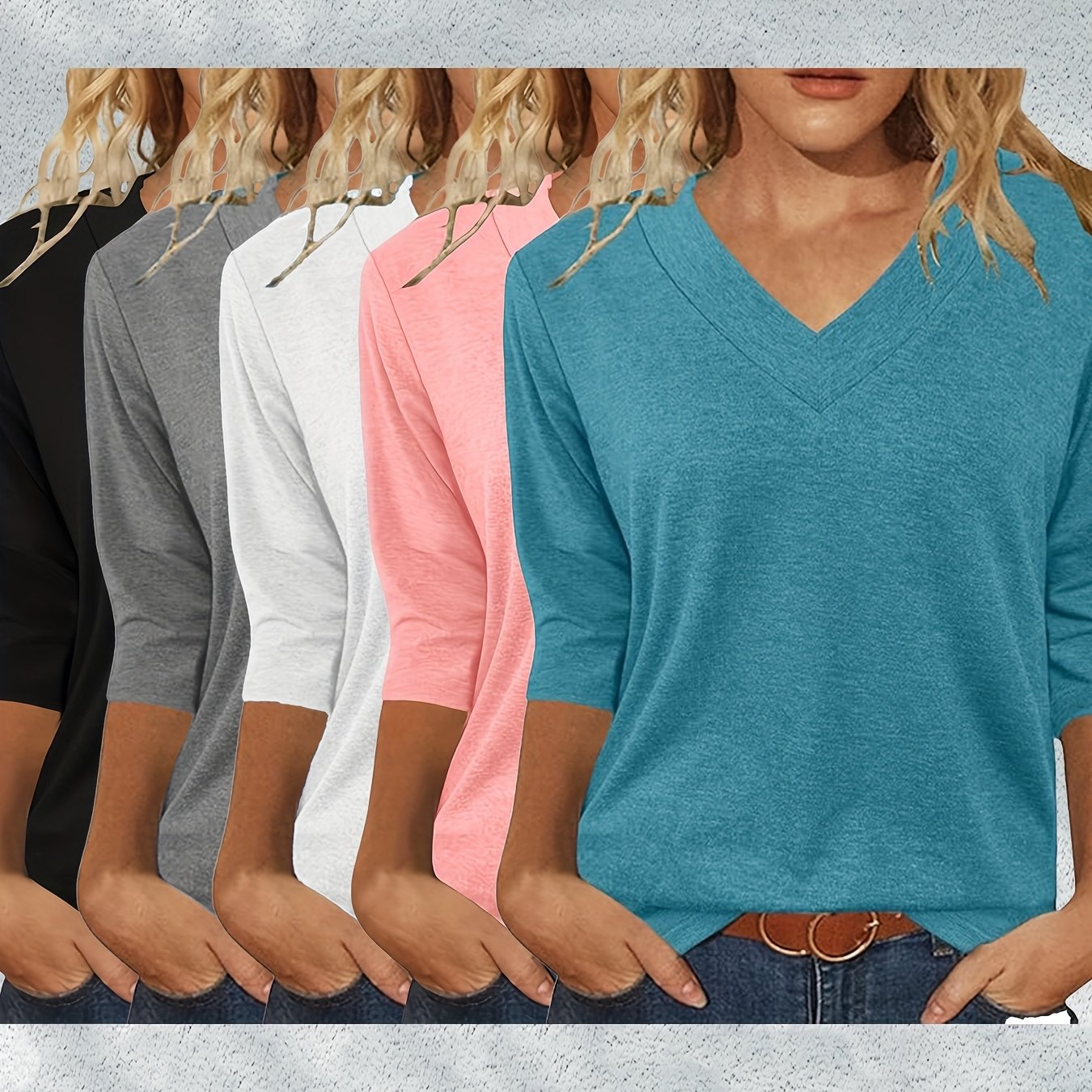 Image of Wilderness Orientation 5pcs Set Spring/autumn New Solid Color No Print V-neck 3/4 Sleeve Loose Casual Women's Top Base T-shirt Comfortable Fashionable Suitable For Spring/autumn Daily And Home