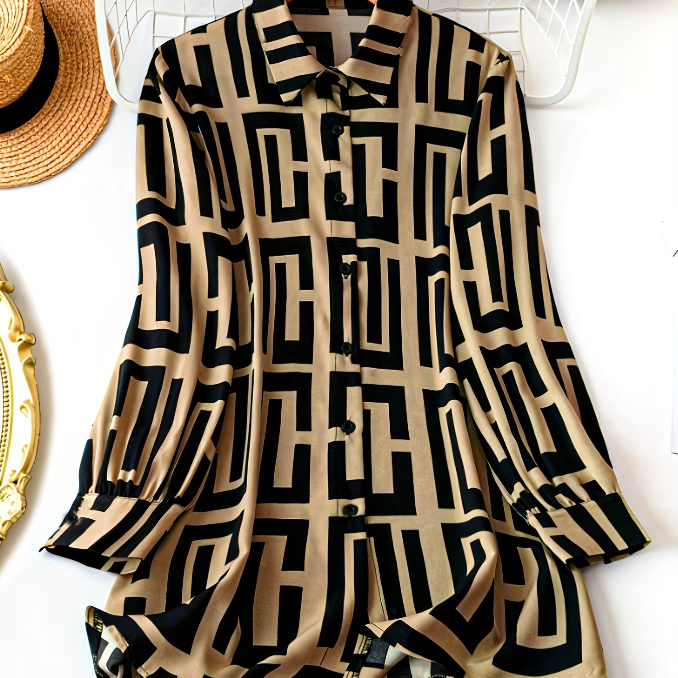 E-shop Damen Geometrisches Muster Druck Ein-Knopf Langarmshirt