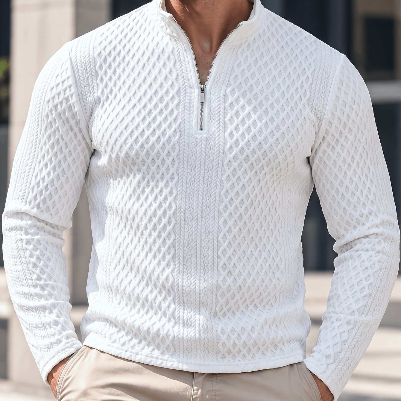 Image of Men's Fashion Top T-shirt, Autumn/winter Outdoor Casual Textured Fabric With Random Print, Solid Color Zipper Long Sleeve Men's Henley Shirt