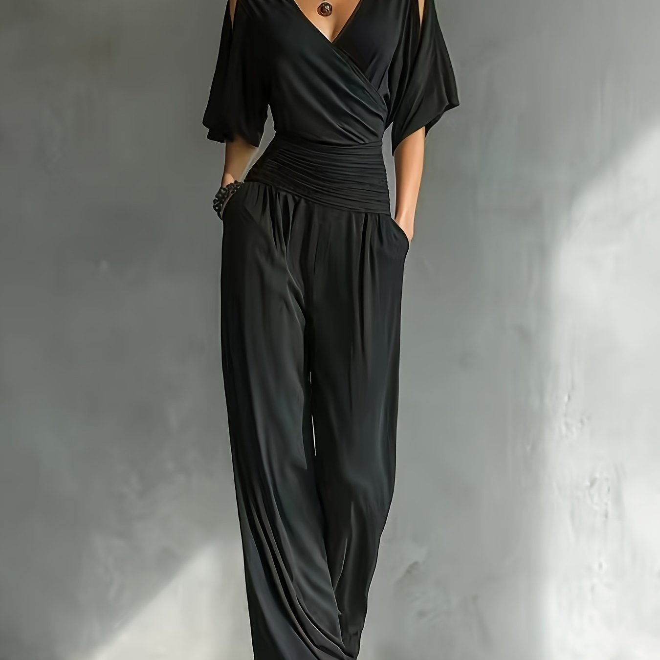 TEMU Women's Shoulder V-neck Jumpsuit, Ruched Waist Wide Leg 1pc Outfit For Party & Office