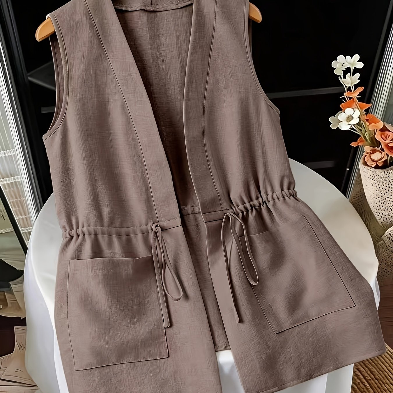 TEMU Women's Elegant Easy Solid Color Open Front Blazer, Waist-defining Elastic Waistband, Tummy Control Casual Versatile Outerwear Vest Suitable For