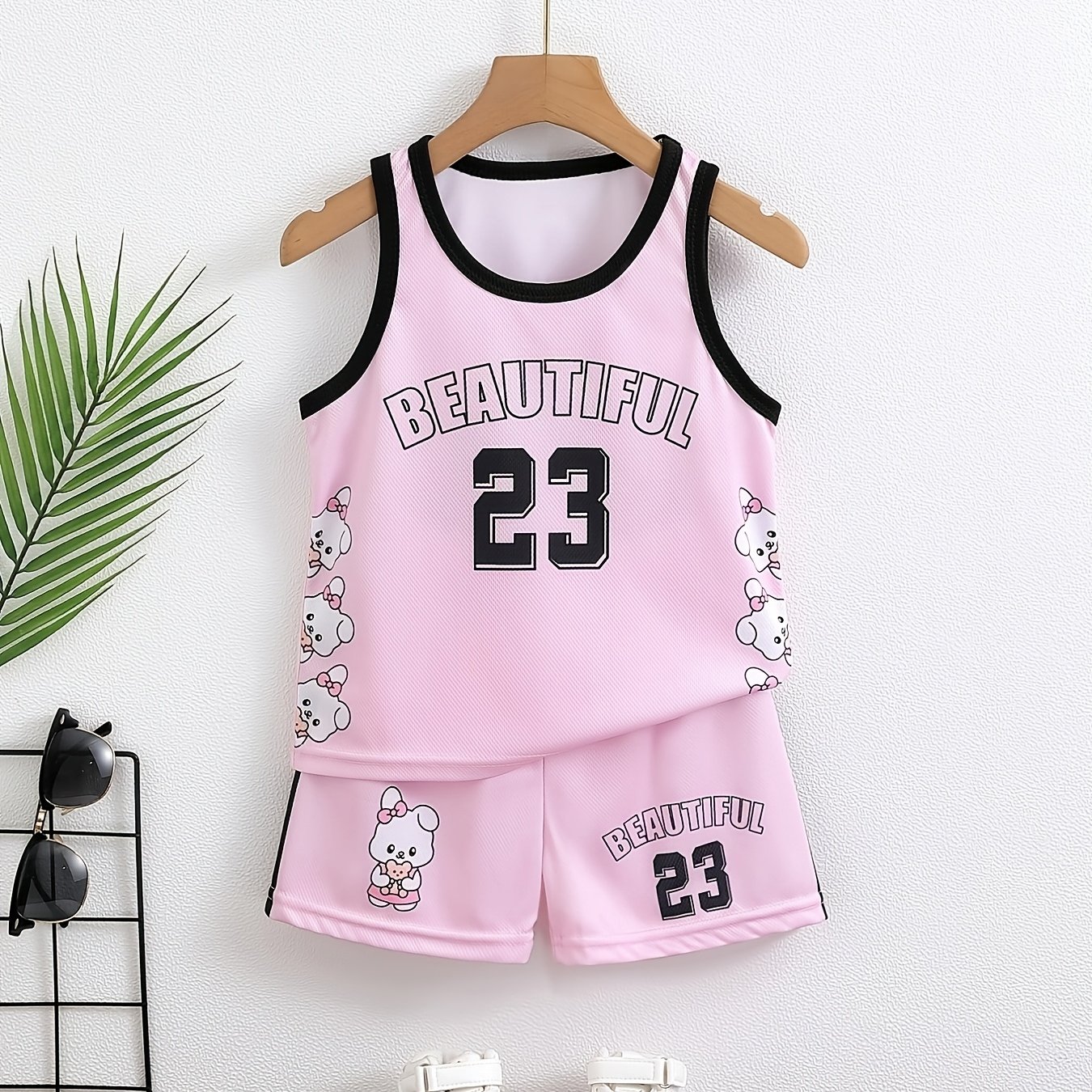 Image of Girls' Summer Basketball Uniform Set Beautiful Size 23 Letter Print Sleeveless Vest And Shorts 2pcs Set Pink Cute Bear Quick-dry Fabric Casual Leisure Sports Wear, For Outdoor, Christmas, Halloween